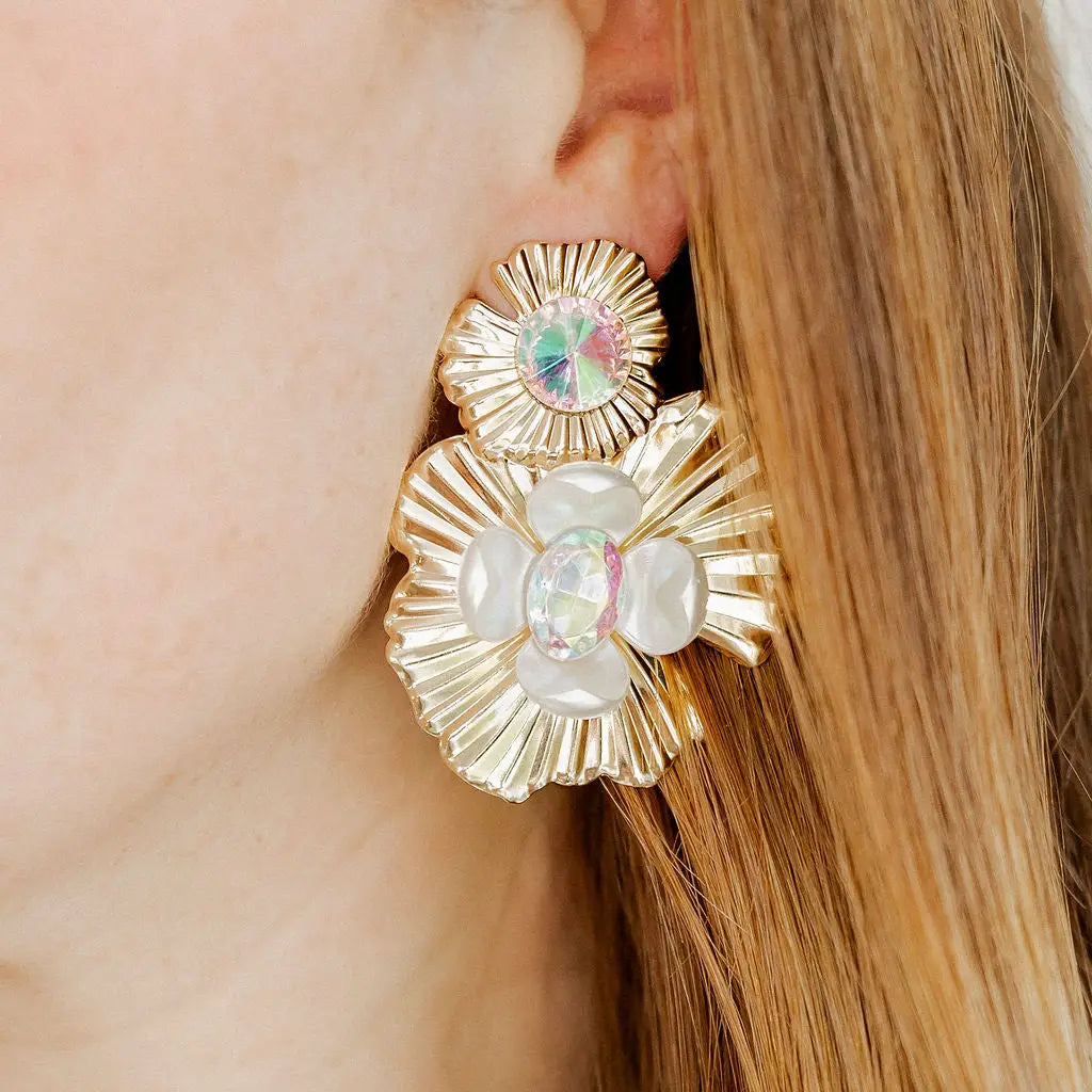 Silver Zara iridescent statement earrings by Linny Co featuring bold, reflective design and intricate detailing.