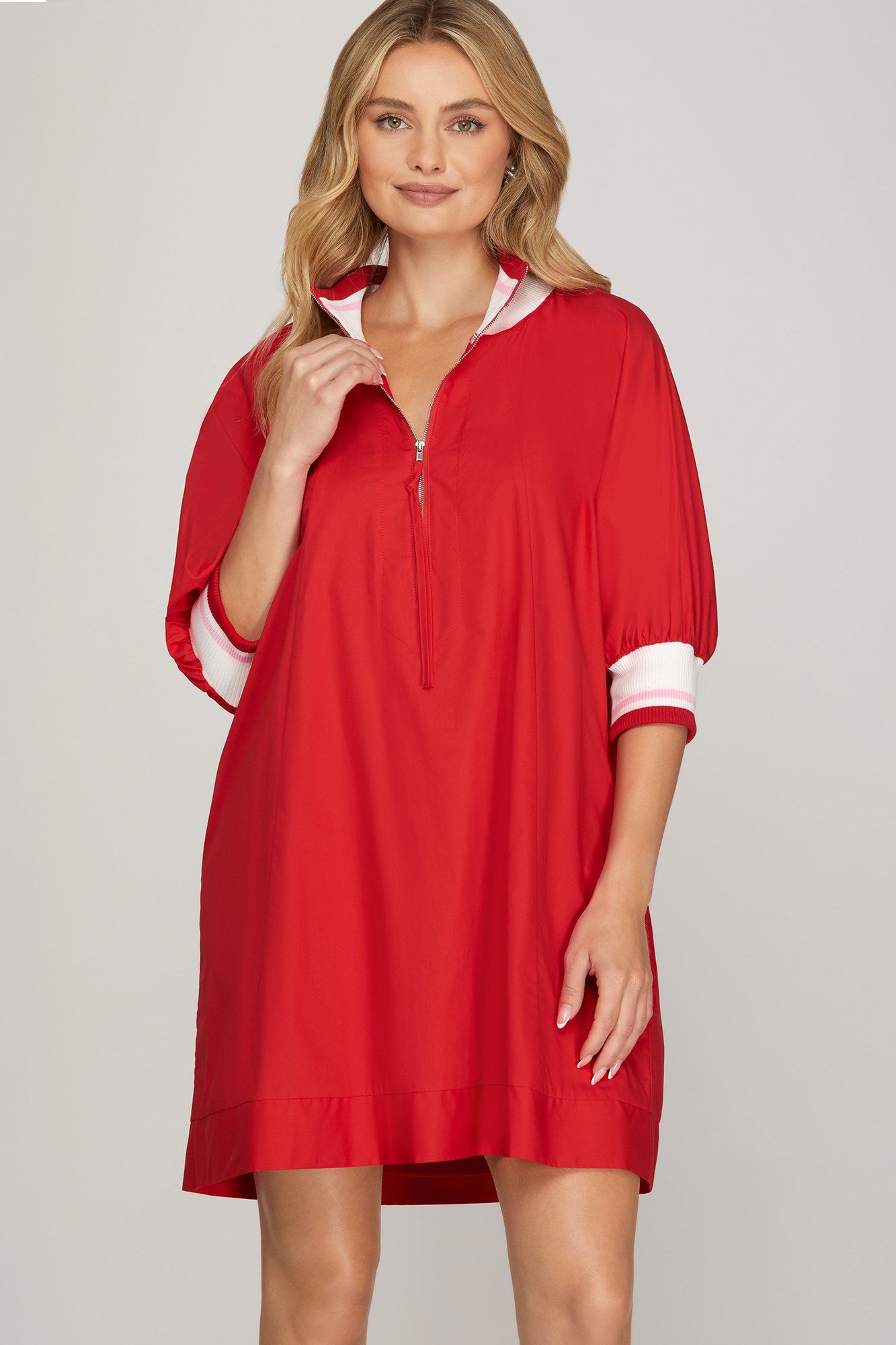 She & Sky Sunday Stroll Half-Zip Mini Dress in soft fabric, featuring a half-zip neckline and stylish fit, shown on a model.