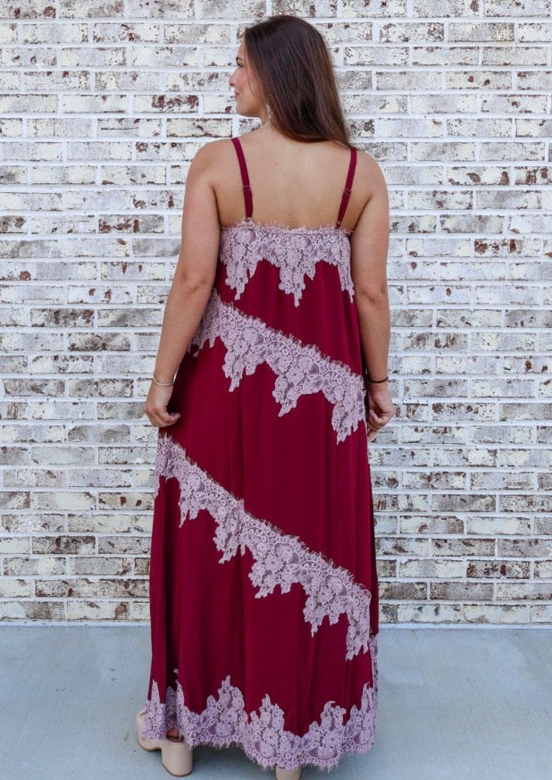 Burgundy Lace Trim Midi Dress