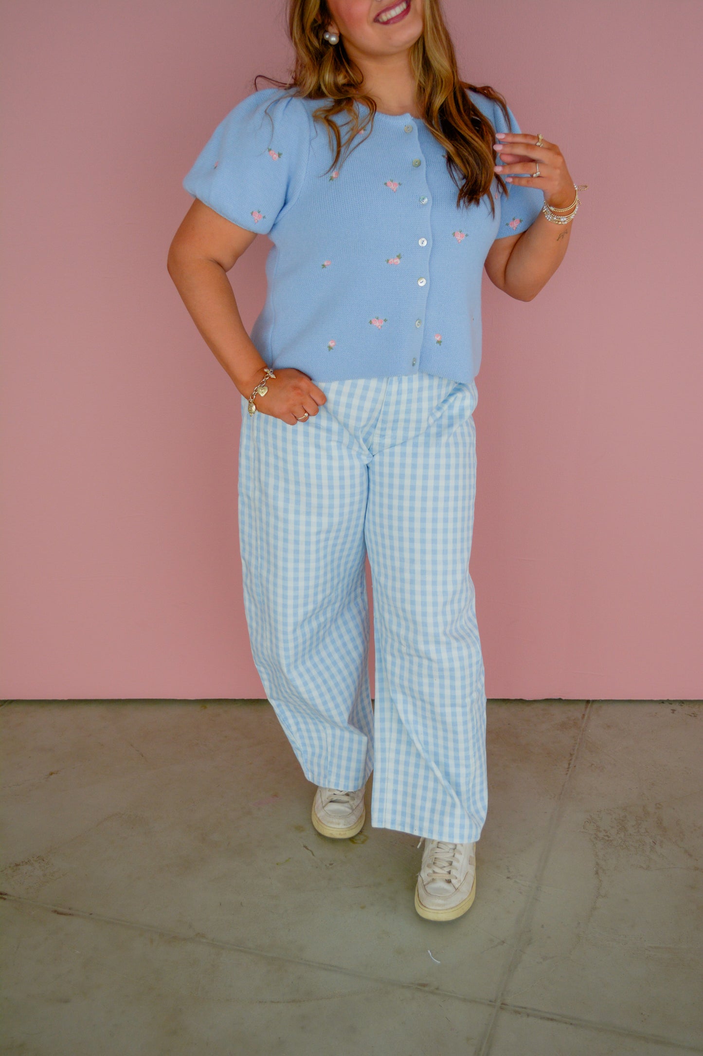 Blue Sky Gingham Barrel Jeans by Peach Love California, showing relaxed fit denim with blue and white gingham pattern.