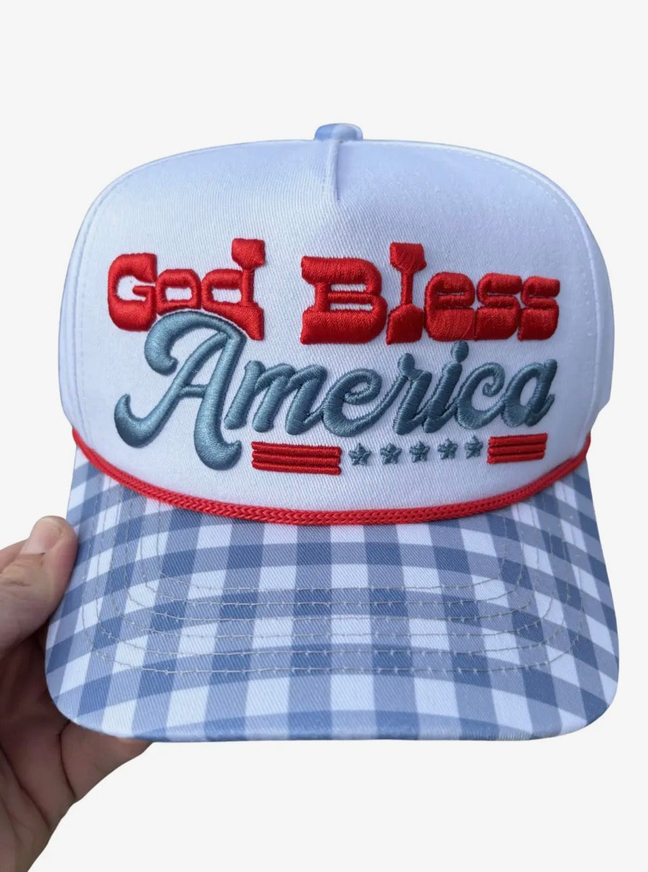 Summer Tees God Bless America hat featuring patriotic design with embroidered text and adjustable strap, front view.