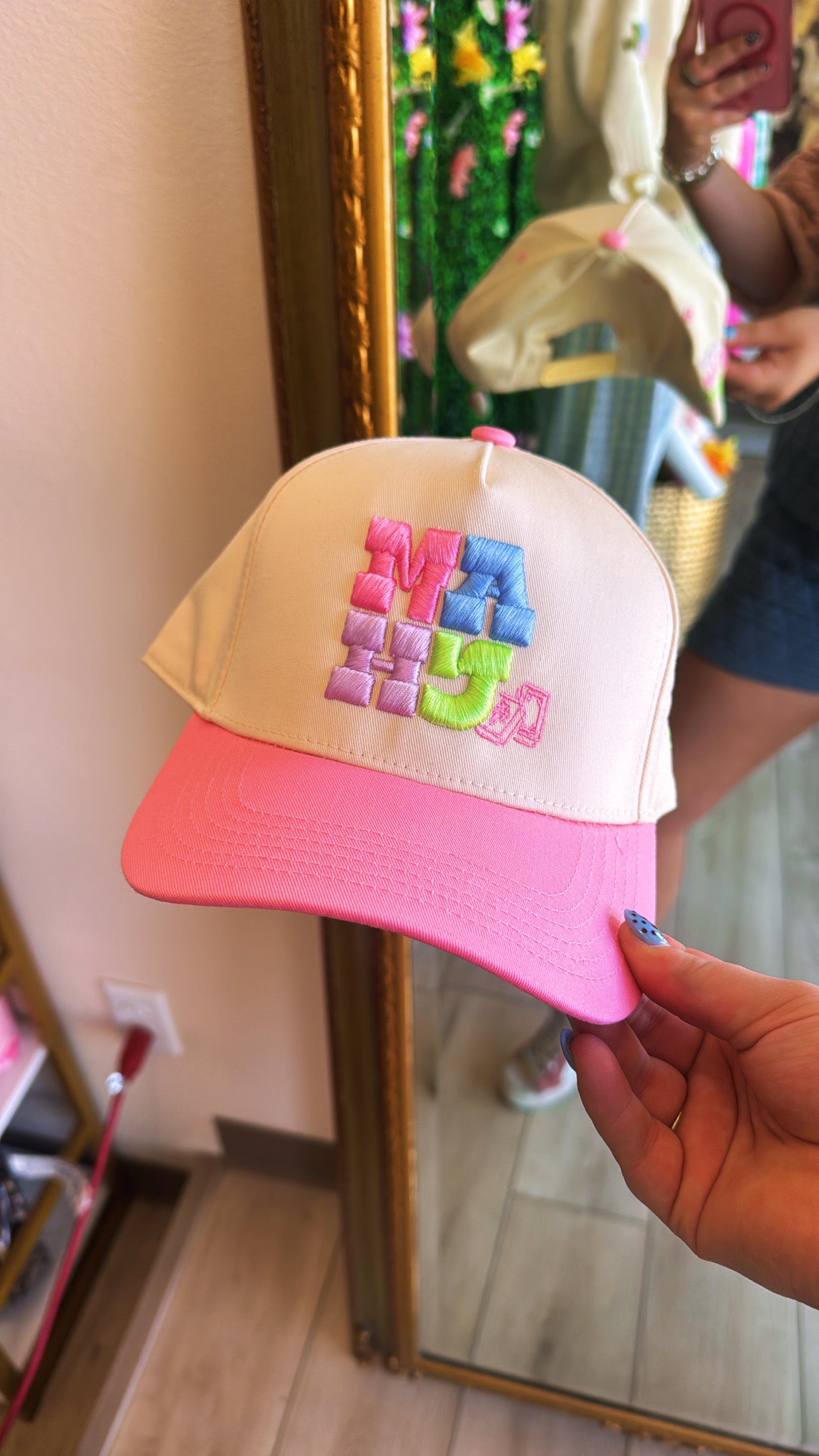 Pink MAHJ hat by Summer Tees with adjustable strap and embroidered logo, displayed on a neutral background.