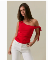 LE LIS Scarlet Bow Top displayed on a mannequin with a fitted design and bow detail at the neckline.
