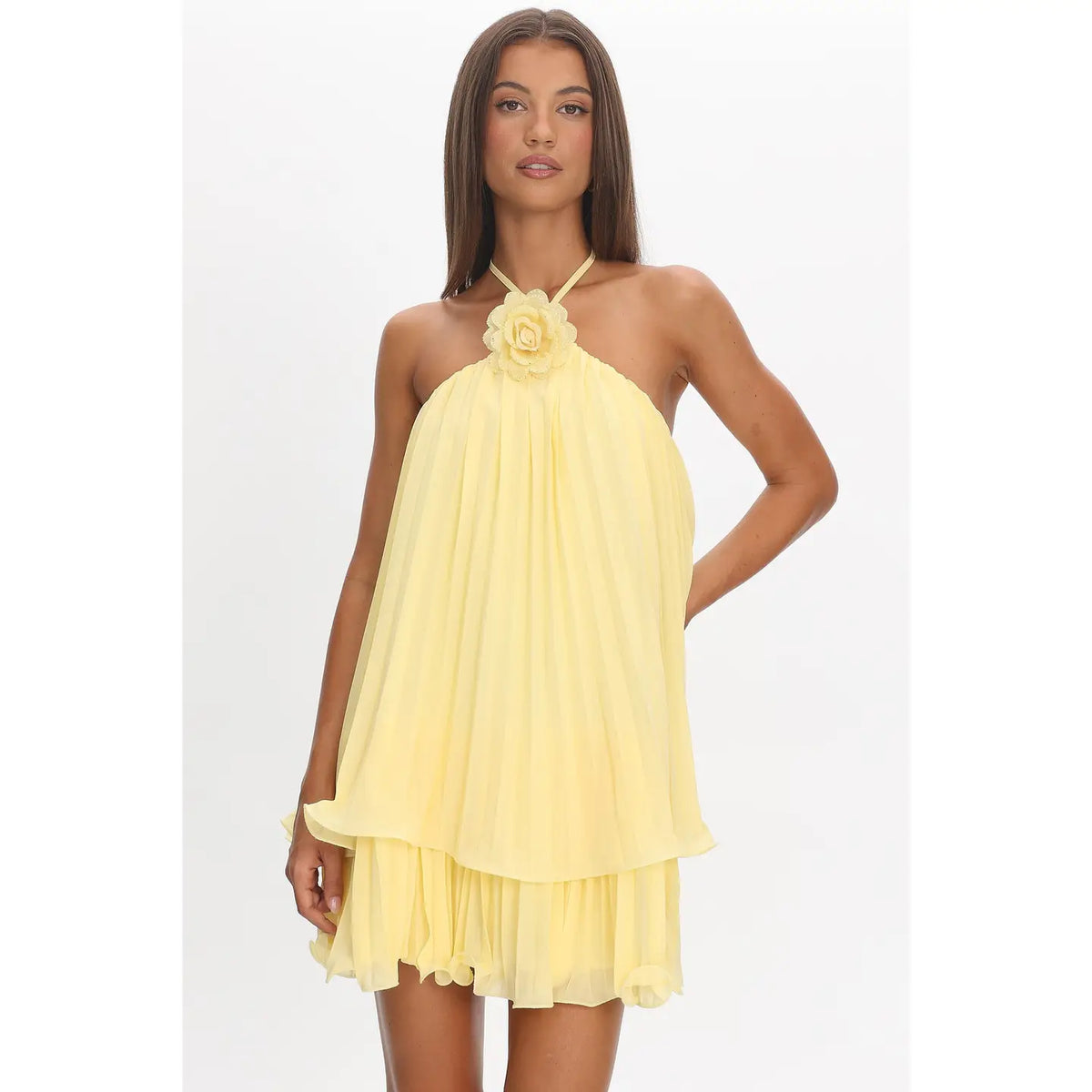 One and Only sunflower bloom tie dress featuring a vibrant sunflower print and a stylish tie waist design.