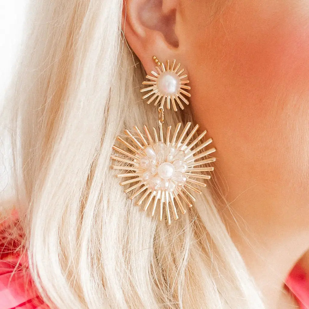 Linny Co Fiona Pearl Statement Earrings featuring elegant pearl drops and bold gold-tone design.