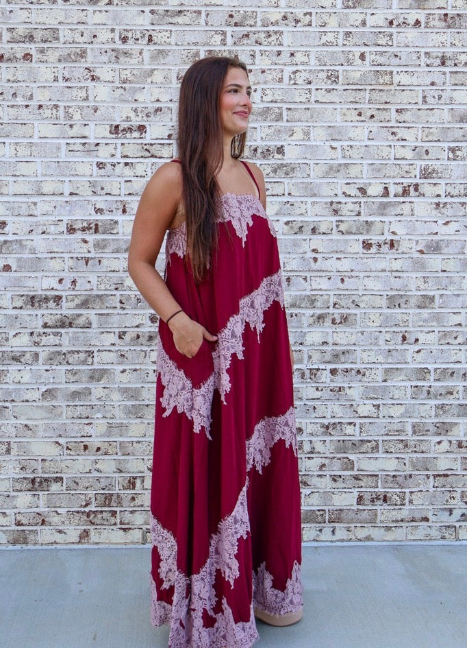 Burgundy Lace Trim Midi Dress