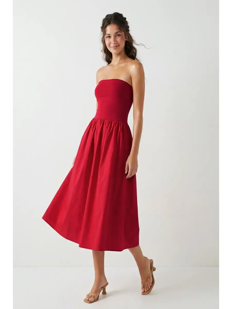 Naked Zebra Sweet Scarlet Maxi Dress with flowing fabric and adjustable straps, full-length view on a hanger.