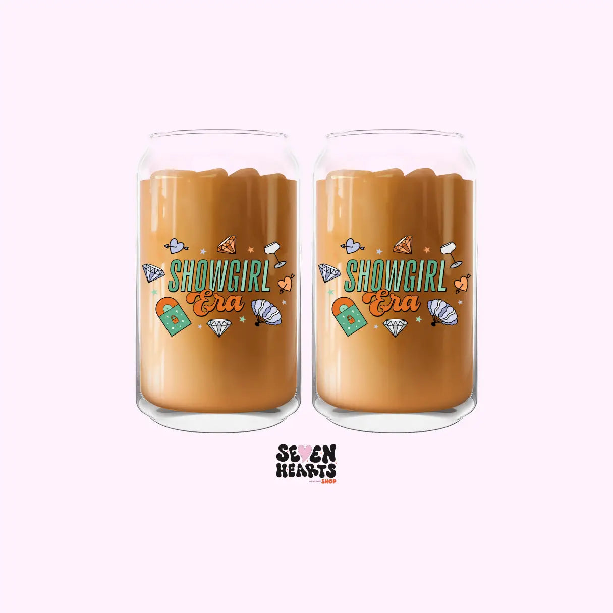 Showgirl iced coffee cups by Seven Hearts Shop, clear plastic cups with colorful showgirl design and matching straws.