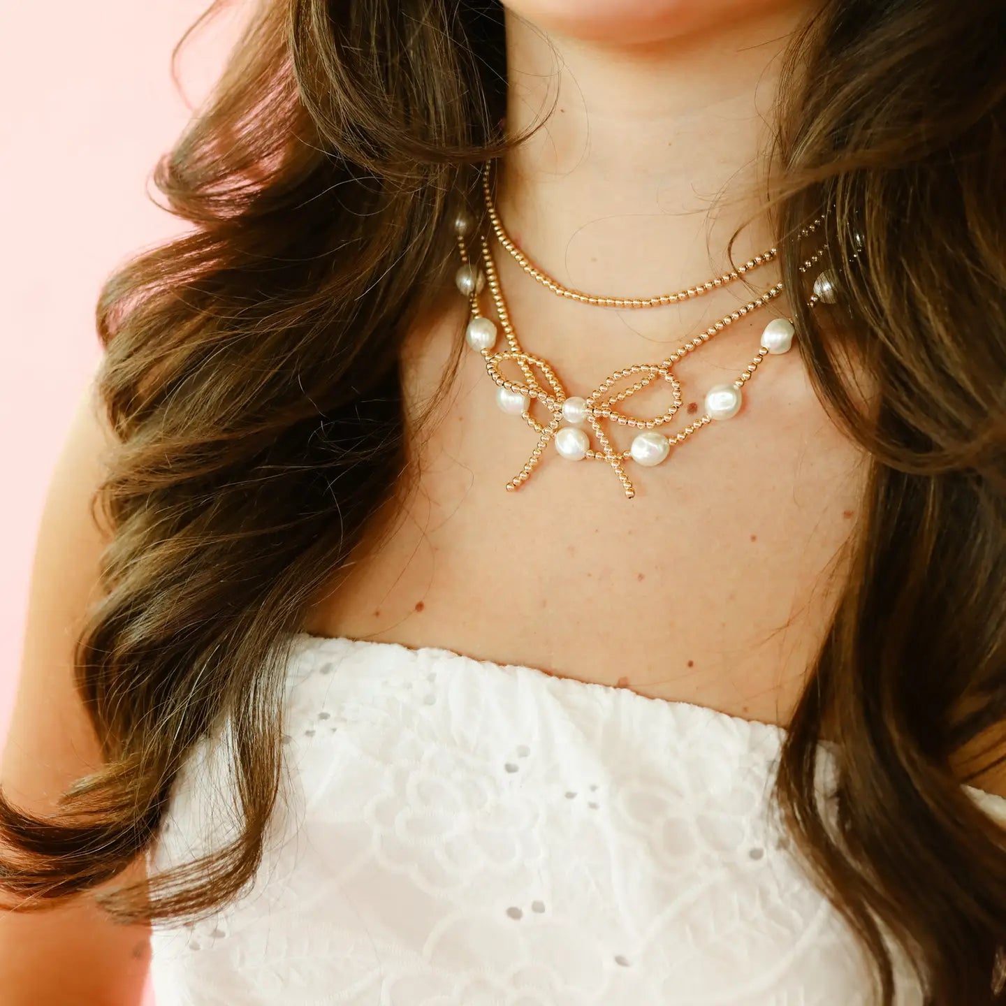 Beaded blondes Sadie Pearl Necklace featuring white pearls and beaded accents on a delicate chain, styled for elegant wear.