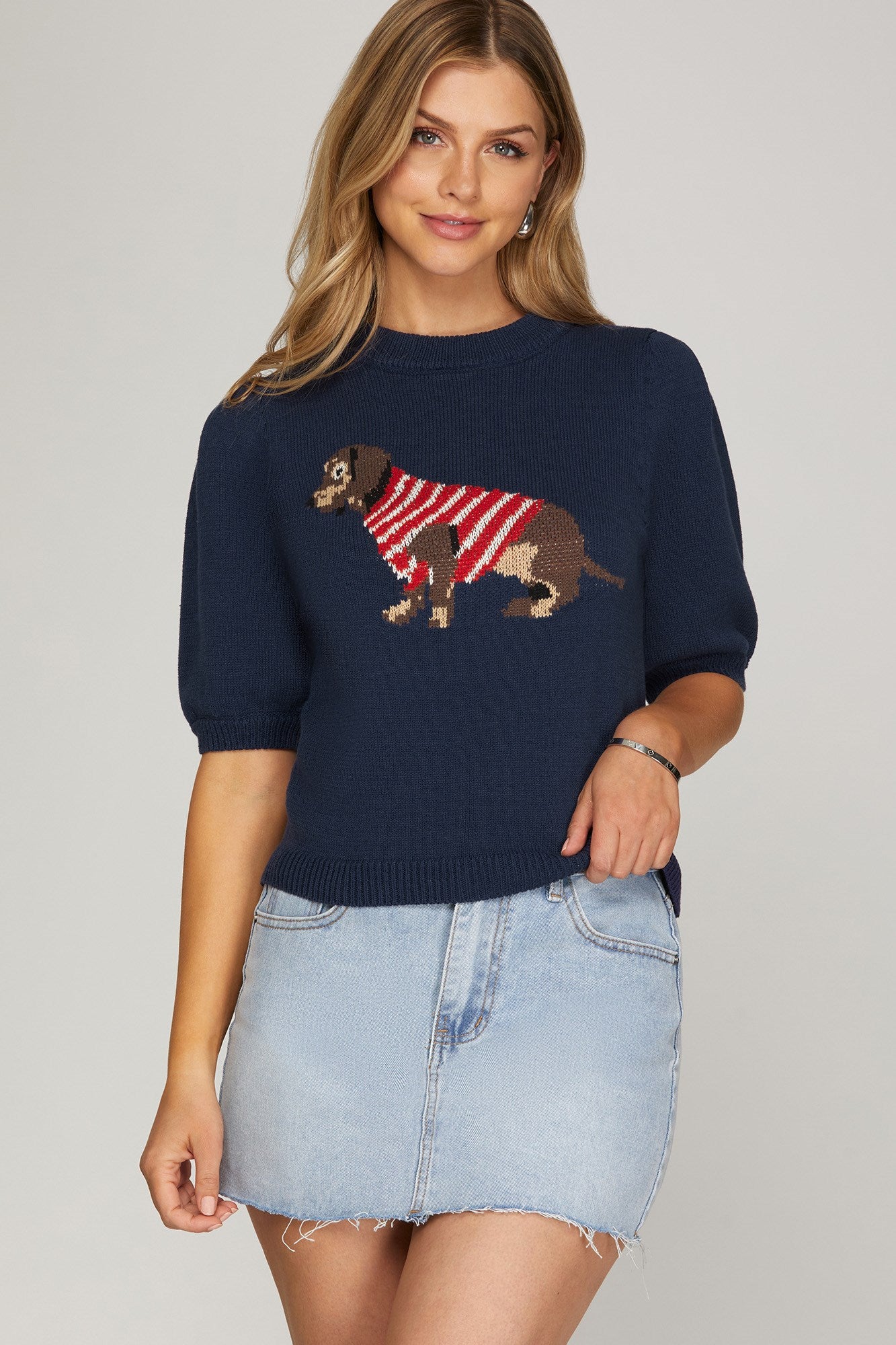 She+Sky Dapper Dachshund knit top featuring a stylish dachshund pattern, perfect for casual wear and cozy comfort.