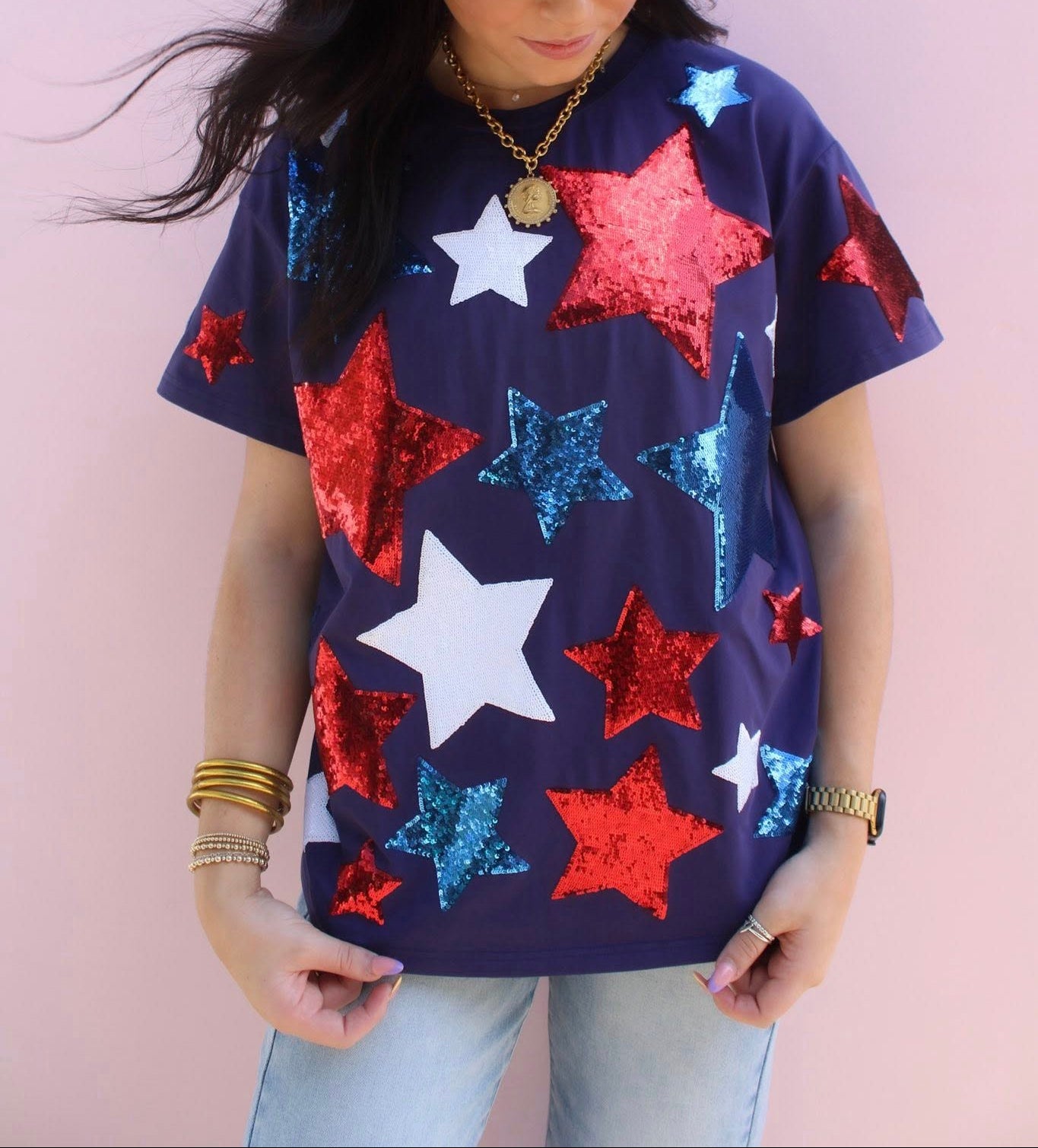 Rjm Glitz Star Spangle Sparkle Tee featuring a star design with shimmering sequins on a casual t-shirt background.