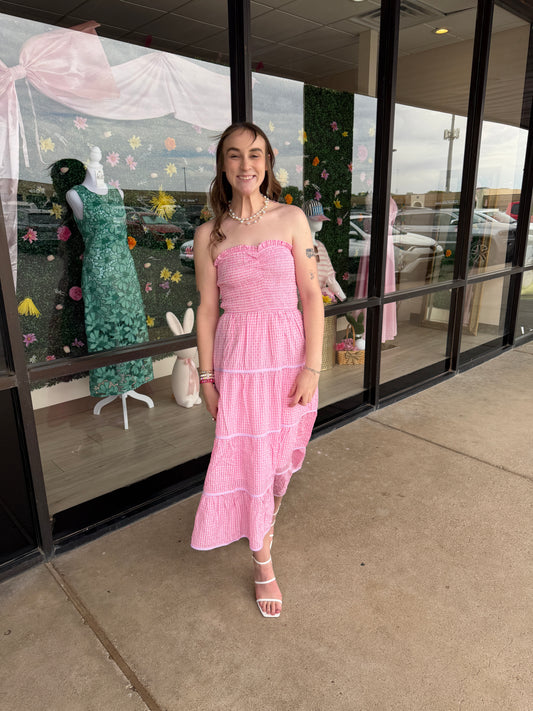 Baby Pink Soft Statement Midi Dress in pink, featuring a flowy fabric and elegant design, perfect for stylish occasions.