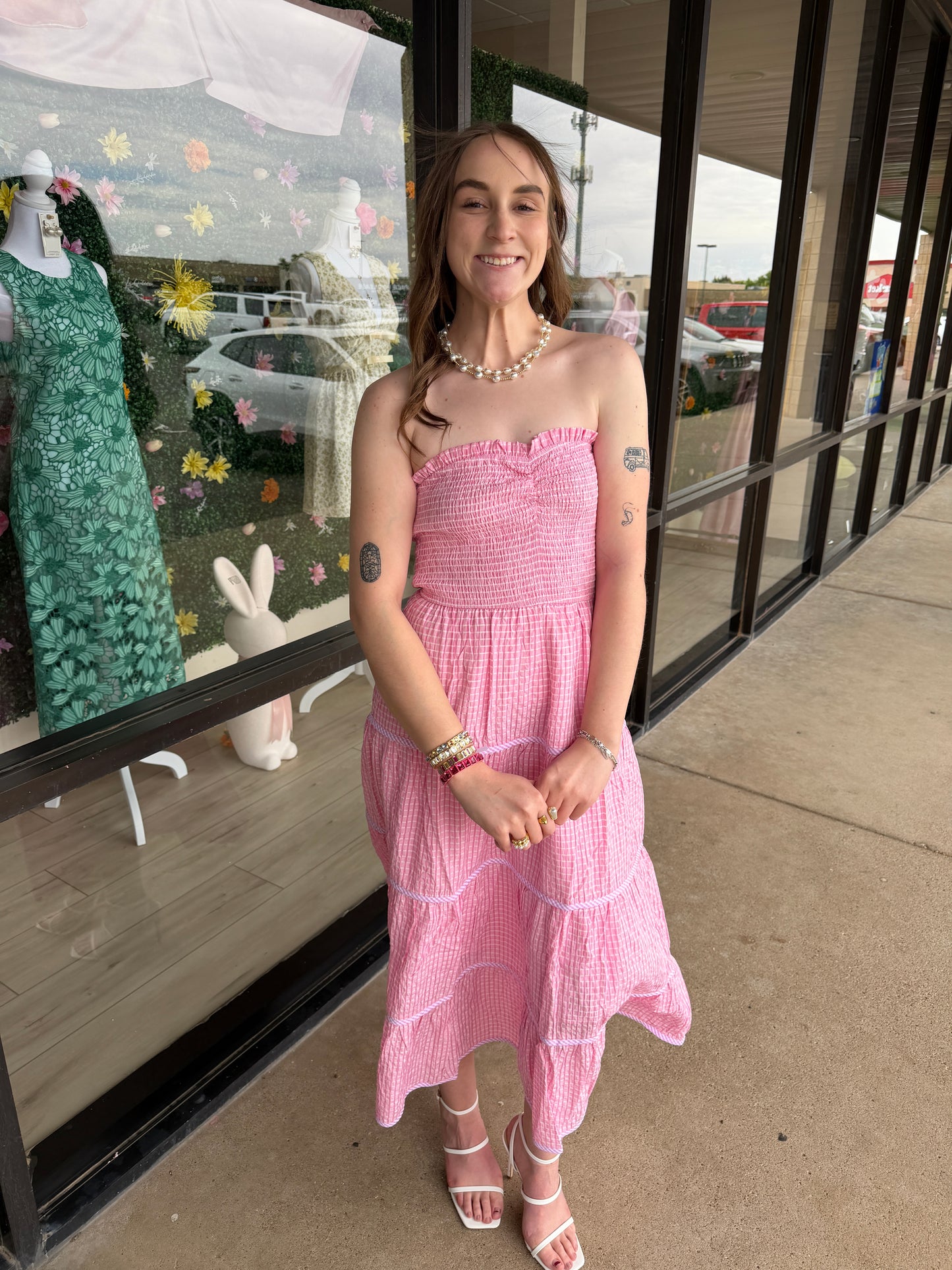 Baby Pink Soft Statement Midi Dress in pink fabric with a flowy silhouette and elegant design, perfect for stylish occasions.
