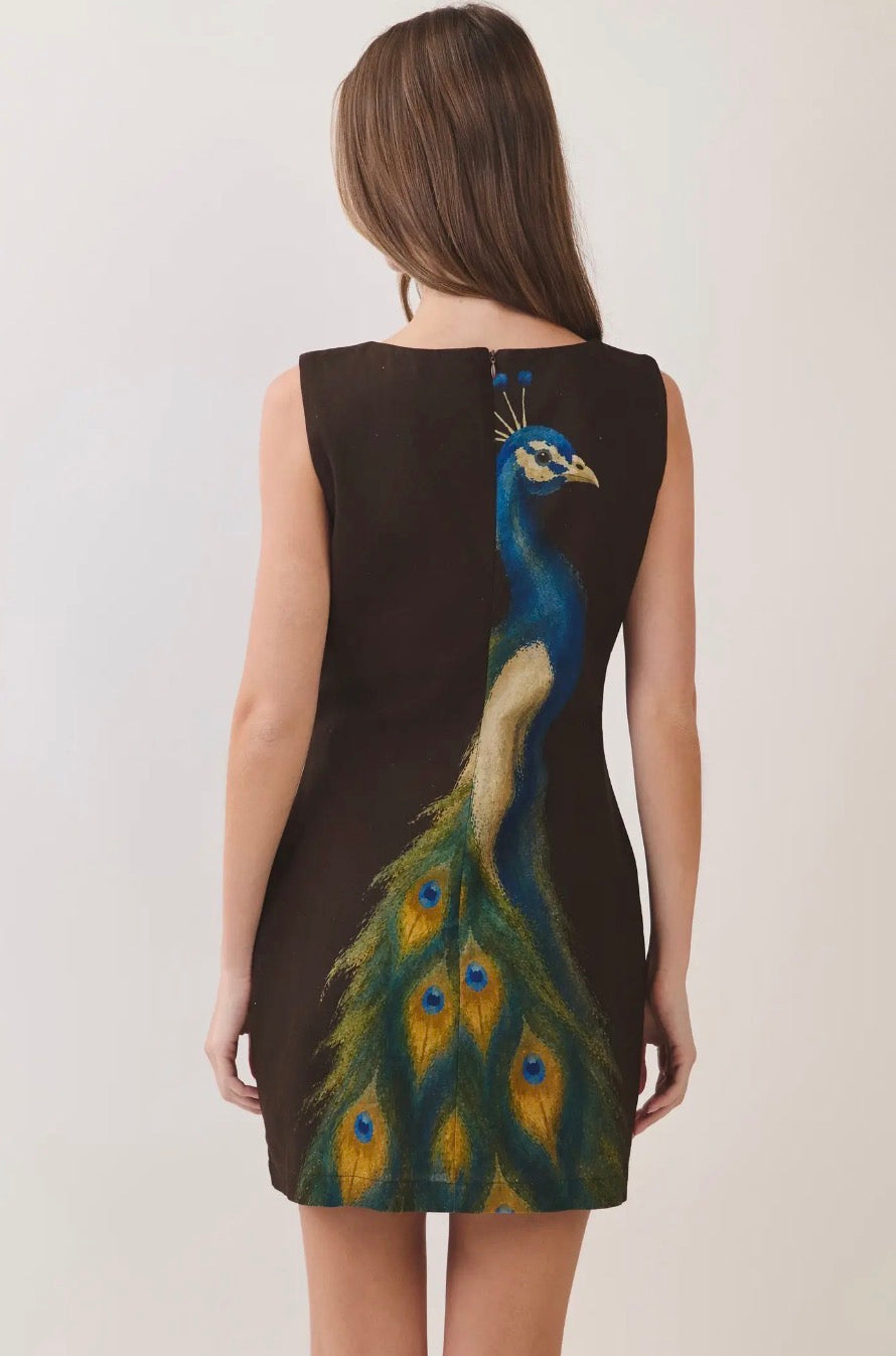 Chocolate peacock mini dress by TCEC featuring a fitted silhouette and intricate peacock feather print.