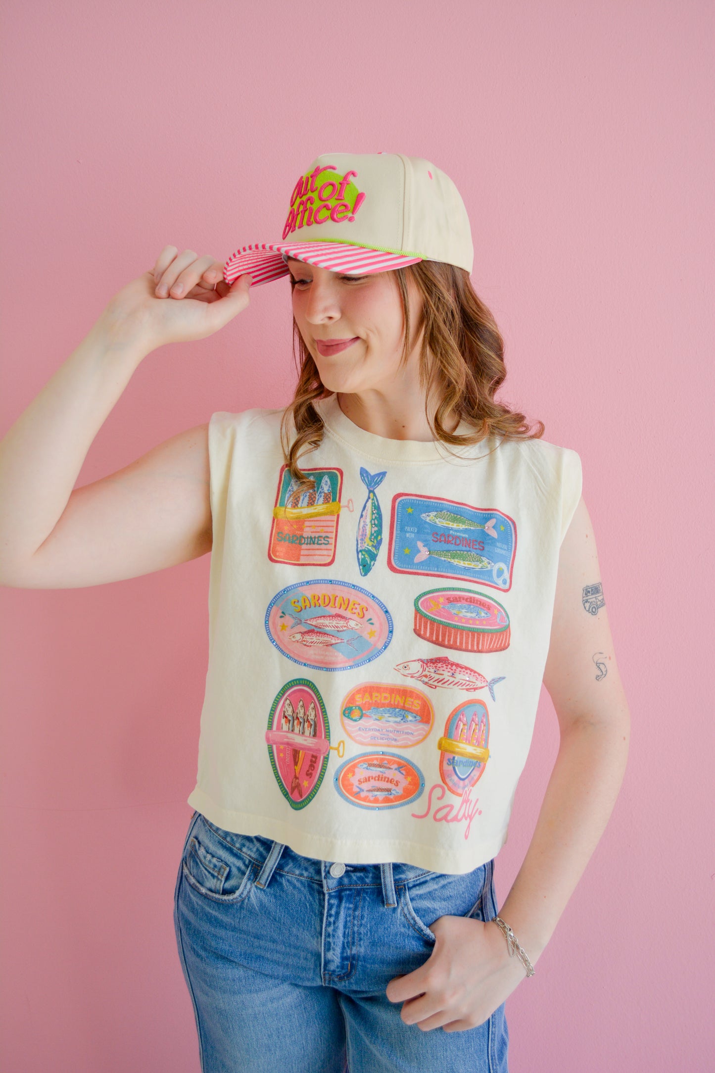 Sardine Summer Muscle Tank by Summer Tees featuring a colorful sardine fish print on lightweight fabric.