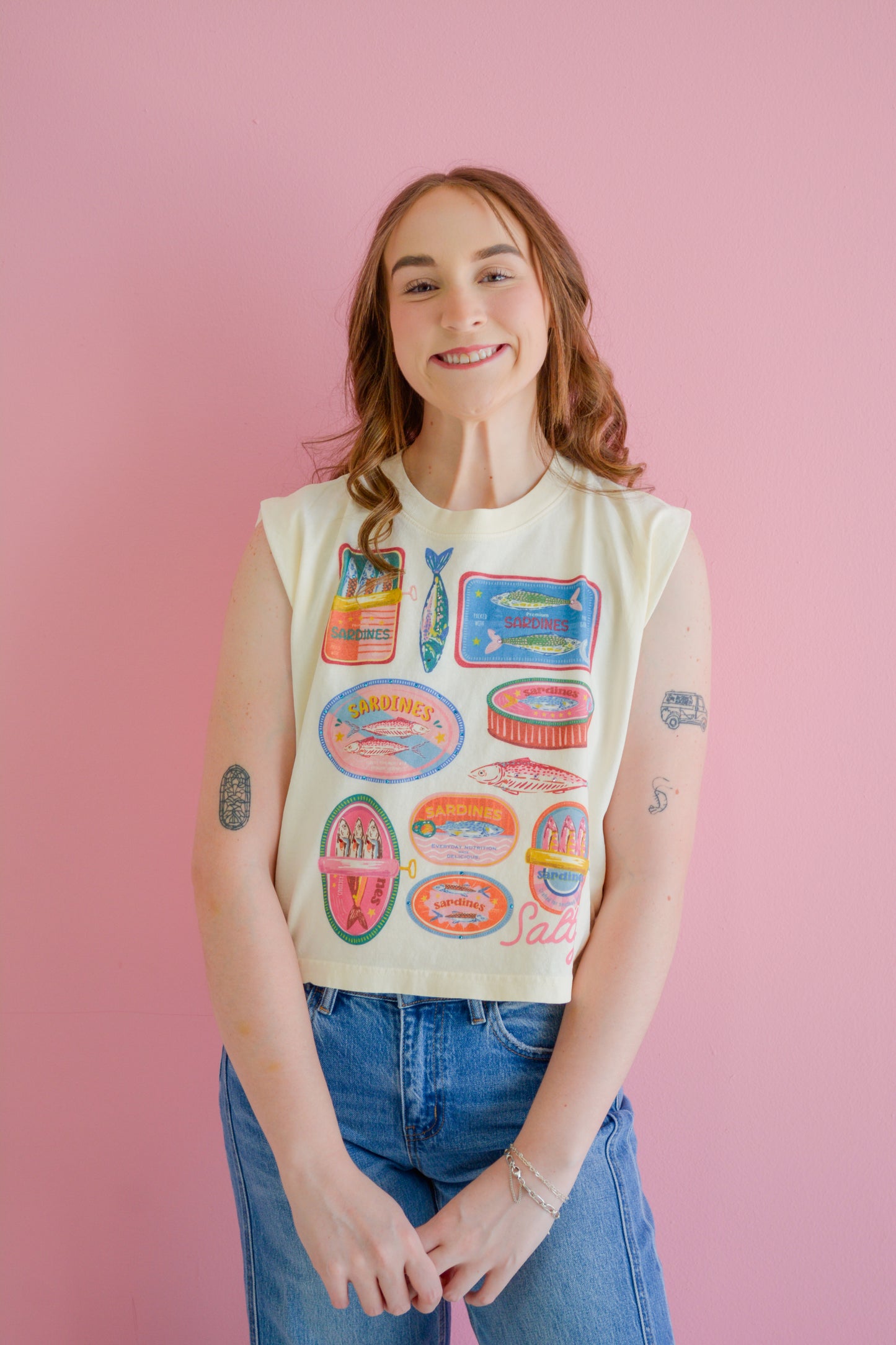 Sardine Summer Muscle Tank from Summer Tees featuring a casual sleeveless design with a sardine graphic print.