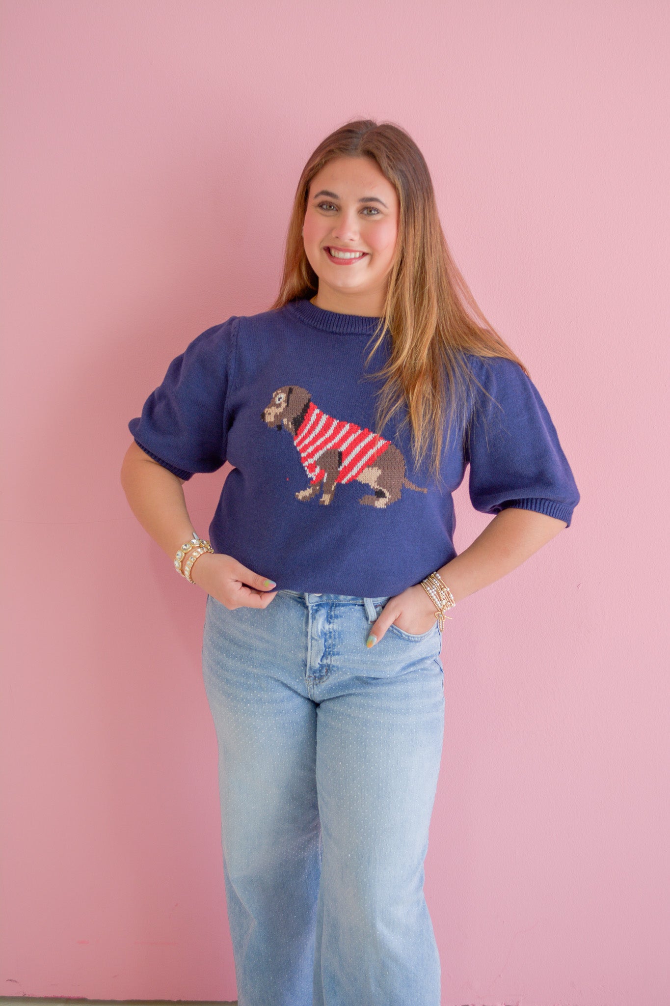 She+Sky Dapper Dachshund knit top featuring a detailed dachshund pattern on soft fabric, perfect for stylish dog lovers.
