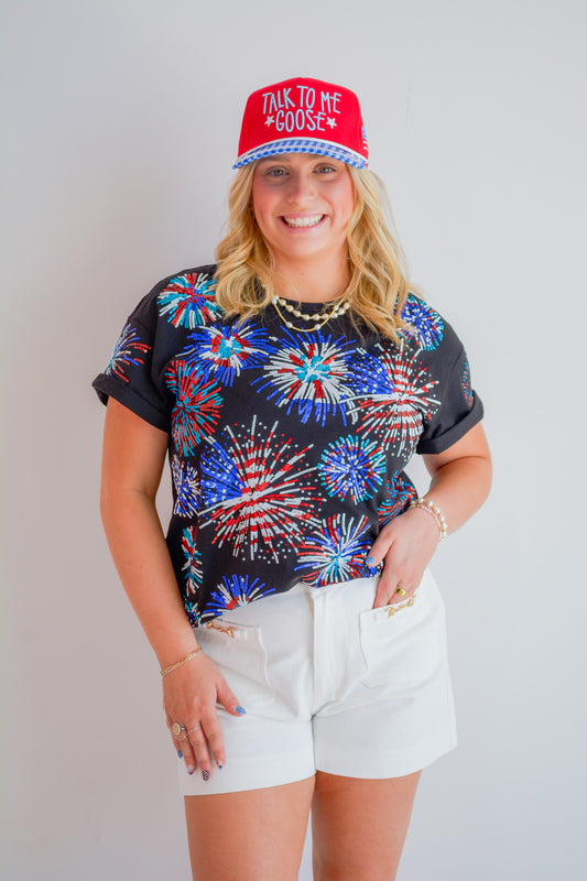 Rjm Glitz Midnight Firecracker Tee featuring a dark fabric with vibrant firecracker graphic design.