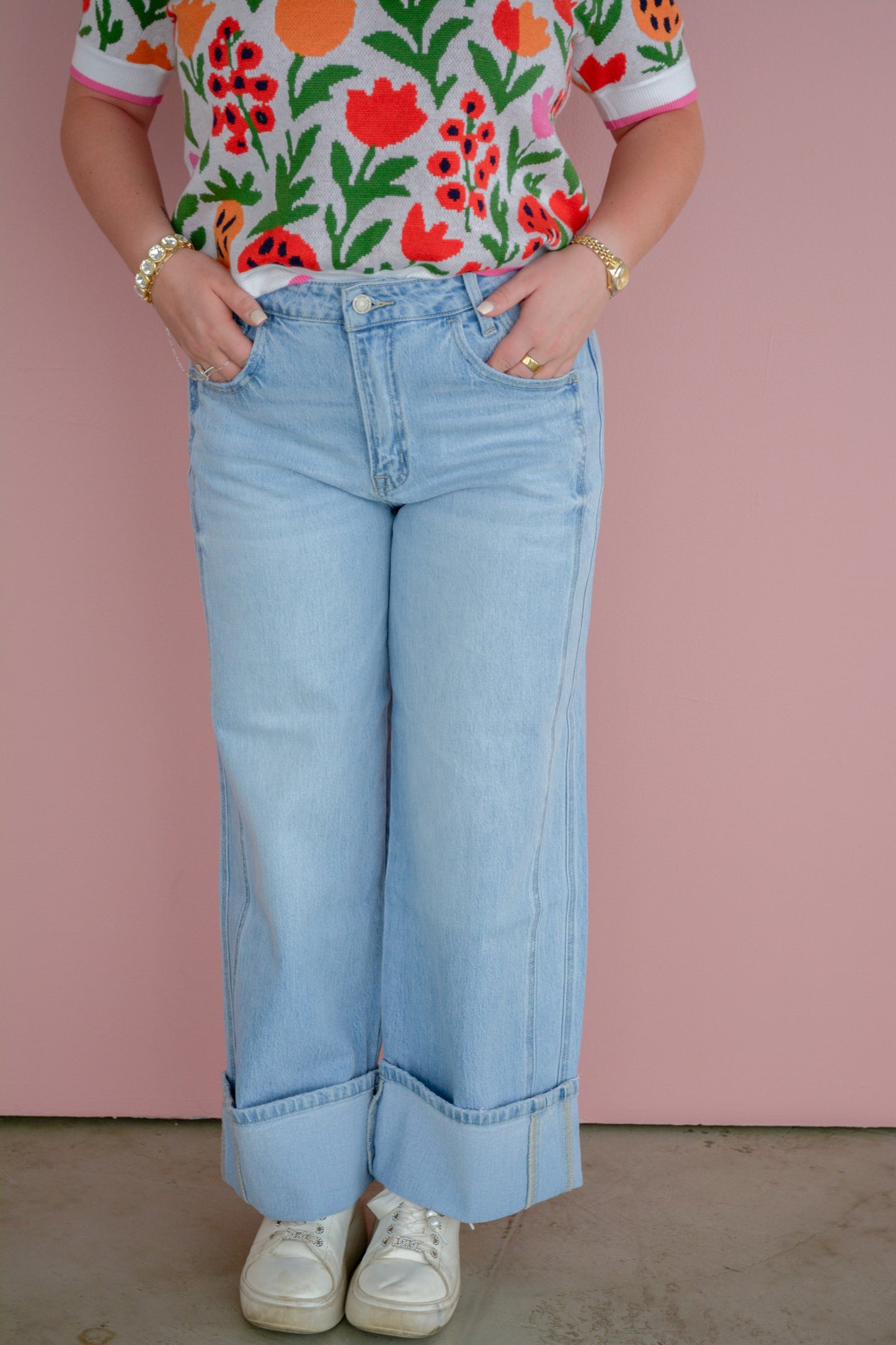 Vervet Daydreamer Cuffed Jeans displayed on a hanger with rolled cuffs and classic denim wash.