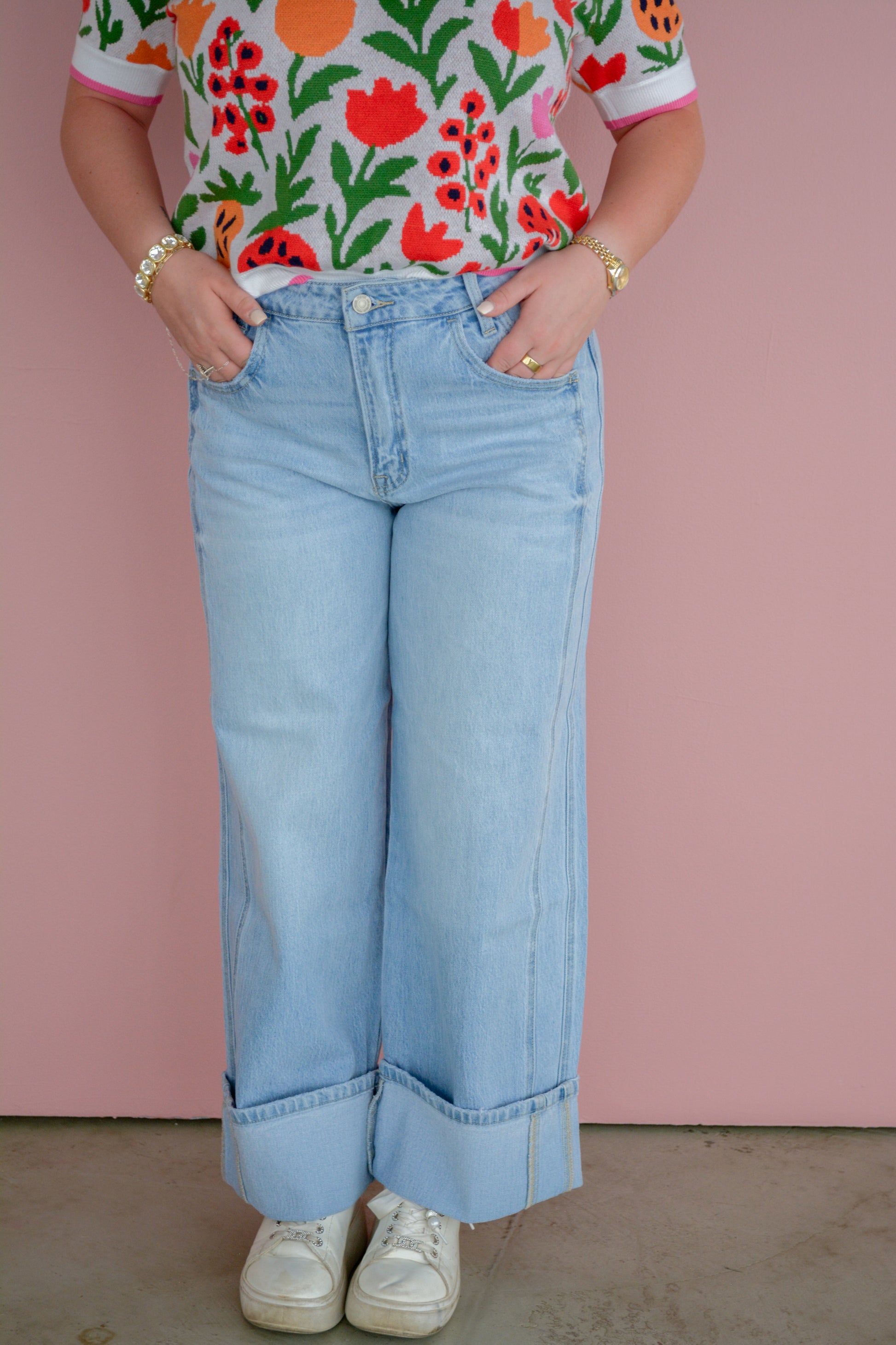 Vervet Daydreamer Cuffed Jeans displayed on a hanger with rolled cuffs and classic denim wash.