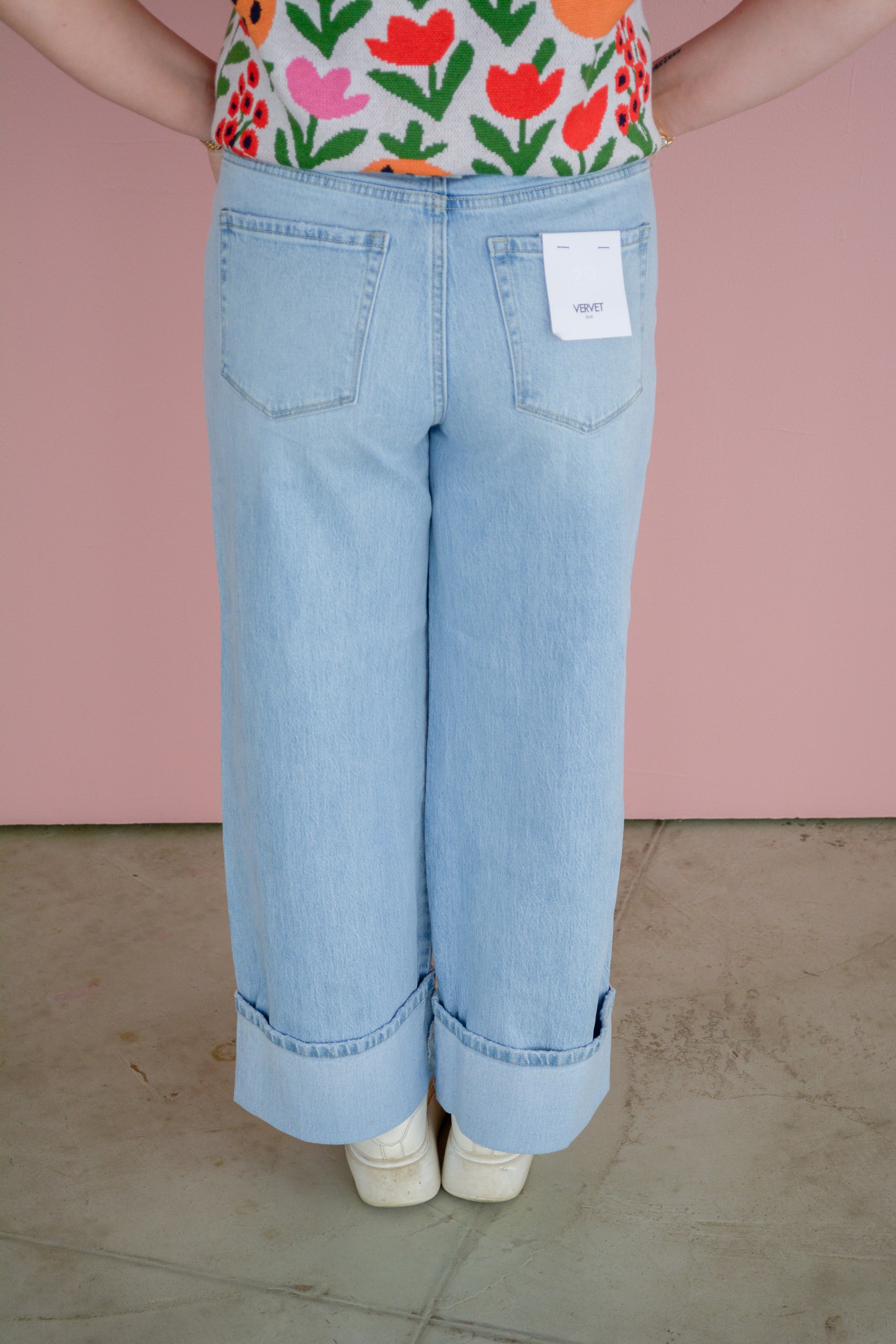 Vervet Daydreamer Cuffed Jeans showing a close-up of the denim fabric with rolled cuffs and classic five-pocket design.