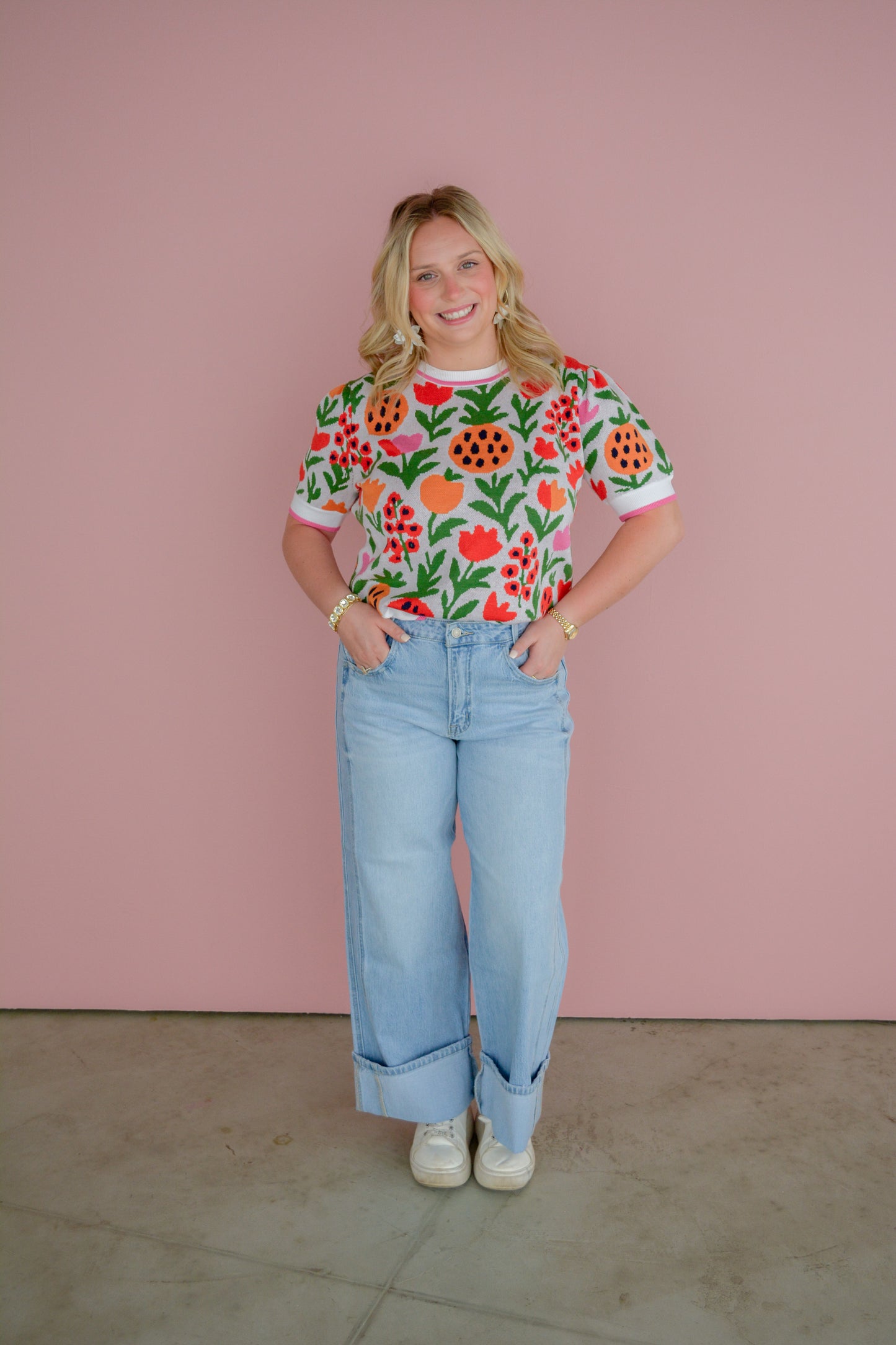 Vervet Daydreamer cuffed jeans shown on a model, featuring a high-waisted fit and distressed denim with rolled cuffs.