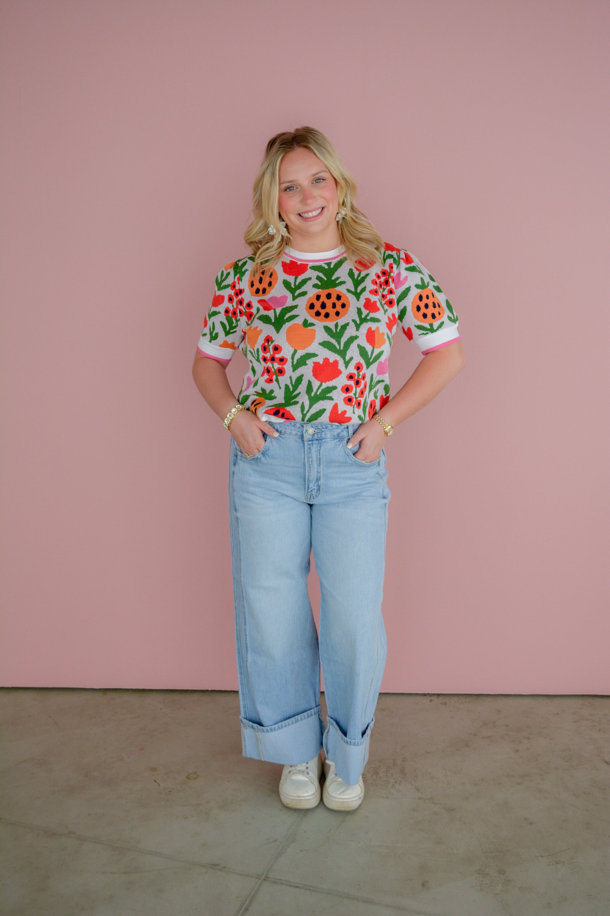 Vervet Daydreamer cuffed jeans shown on a model, featuring a high-waisted fit and distressed denim with rolled cuffs.