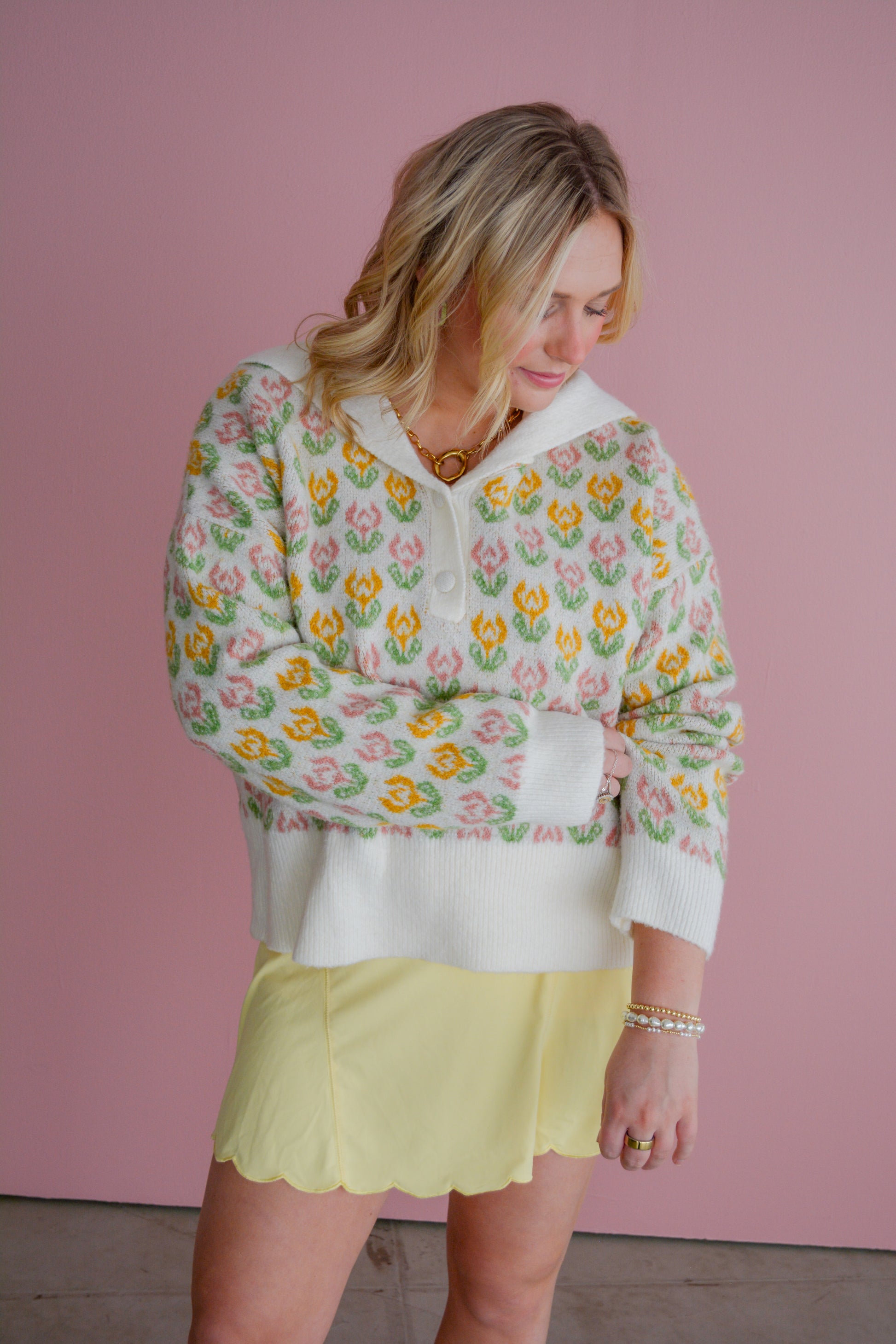 So Me Flora Voyage Sweater in cozy knit fabric, featuring floral patterns and a relaxed fit, perfect for casual wear.