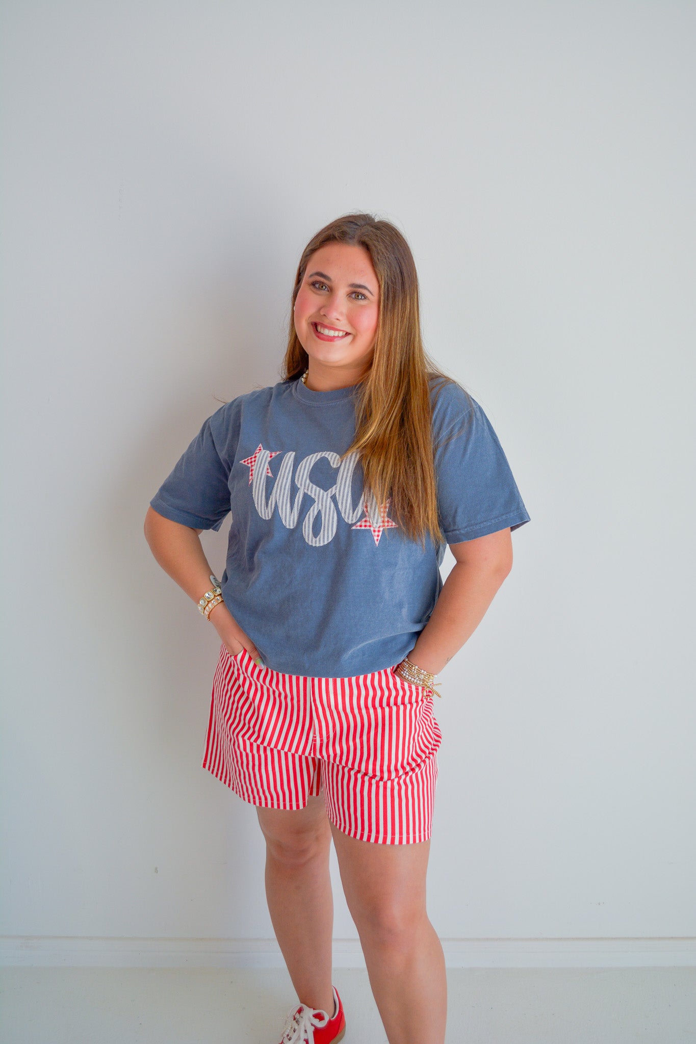 USA Comfort Tee by Shop Southern Belle, casual men's T-shirt with patriotic USA graphic, displayed on a hanger.