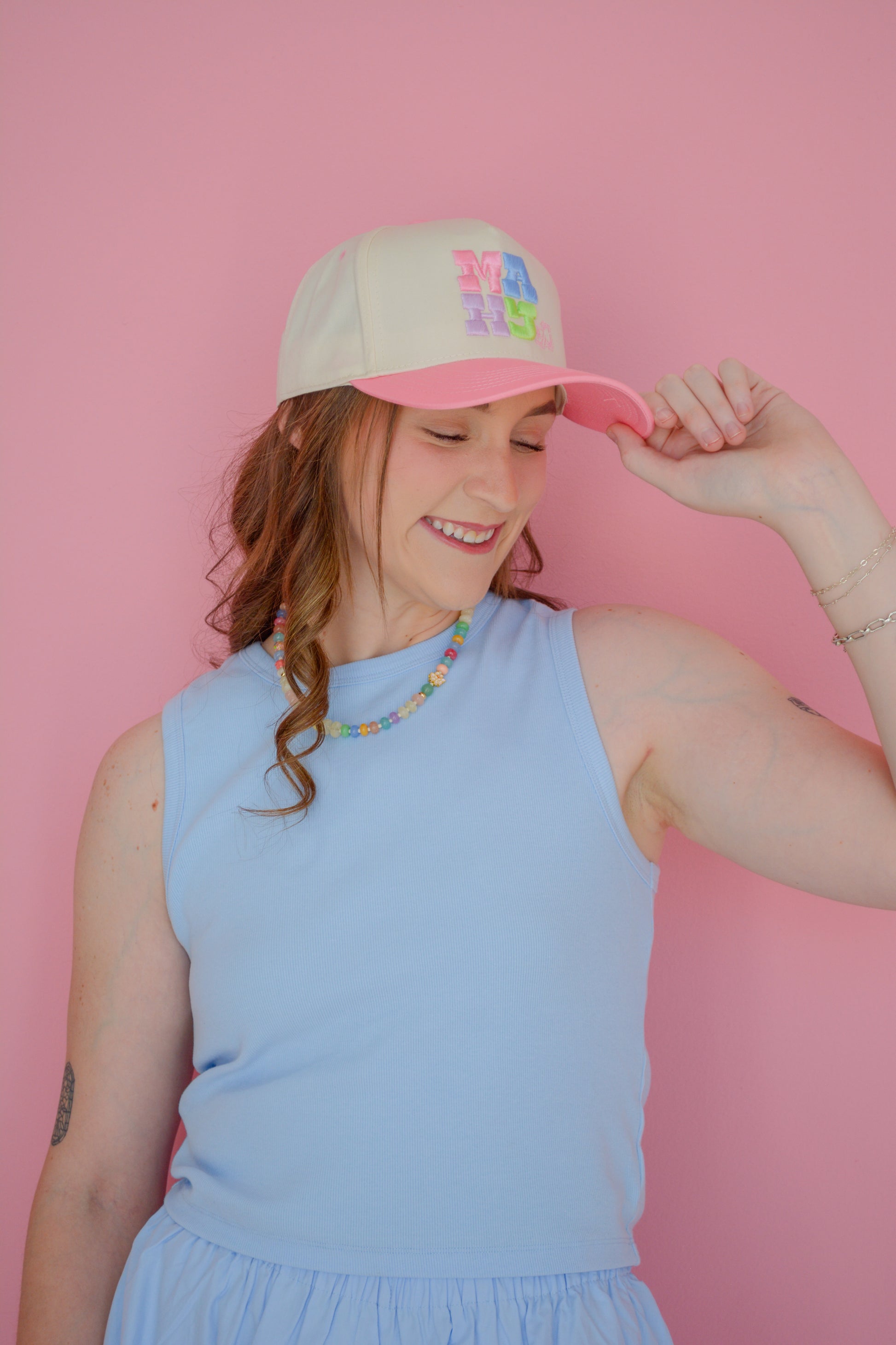 Pink MAHJ Hat by Summer Tees featuring a stylish wide brim and adjustable strap for sun protection and casual fashion.
