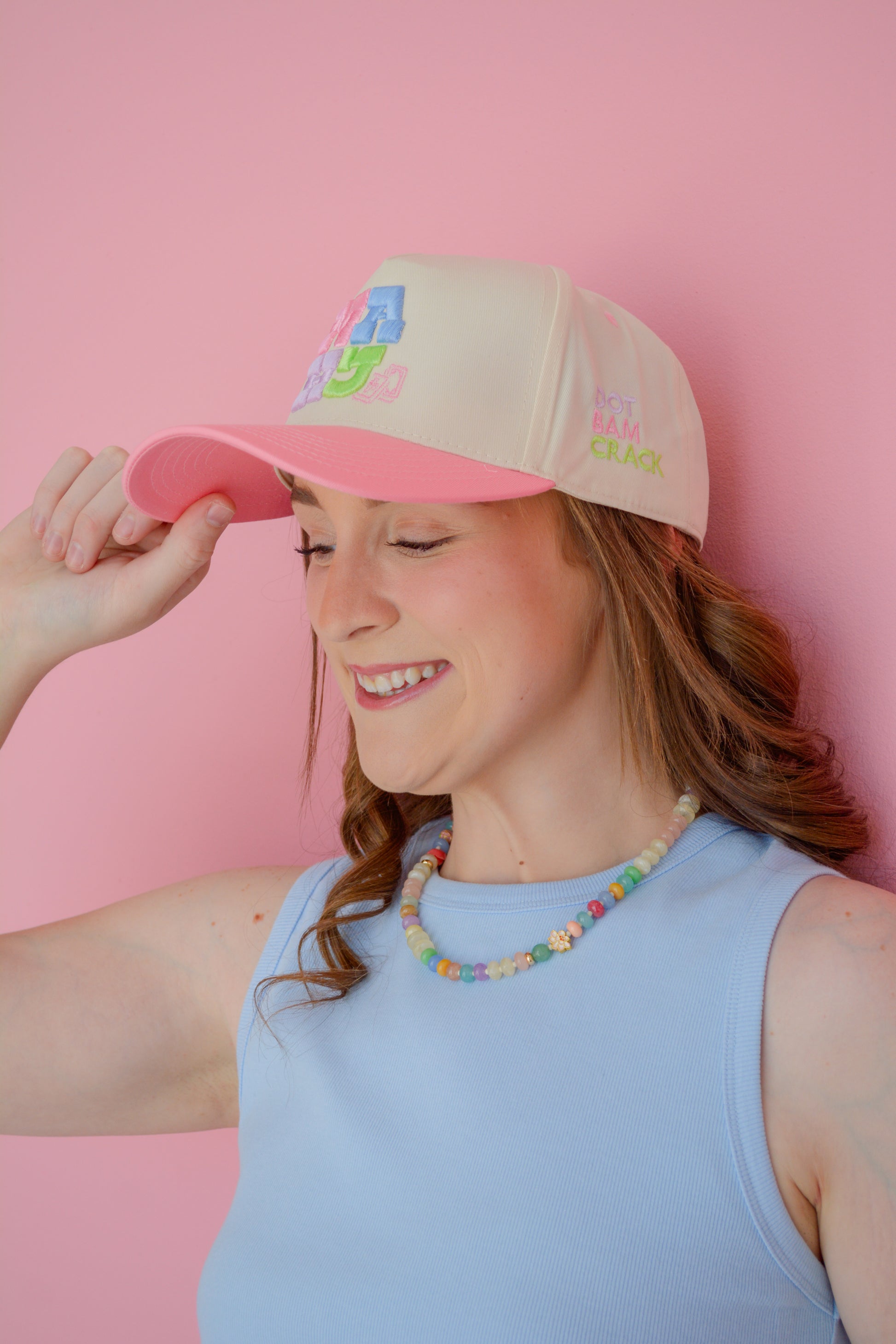 Pink MAHJ hat by Summer Tees featuring a casual design with a curved brim and adjustable strap.