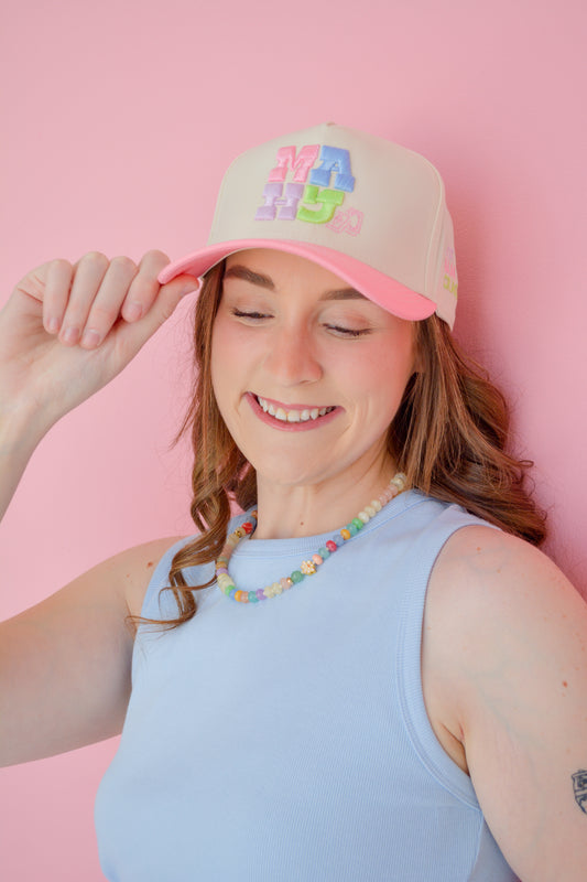Pink MAHJ hat by Summer Tees featuring a casual, stylish design with a curved brim and adjustable strap.