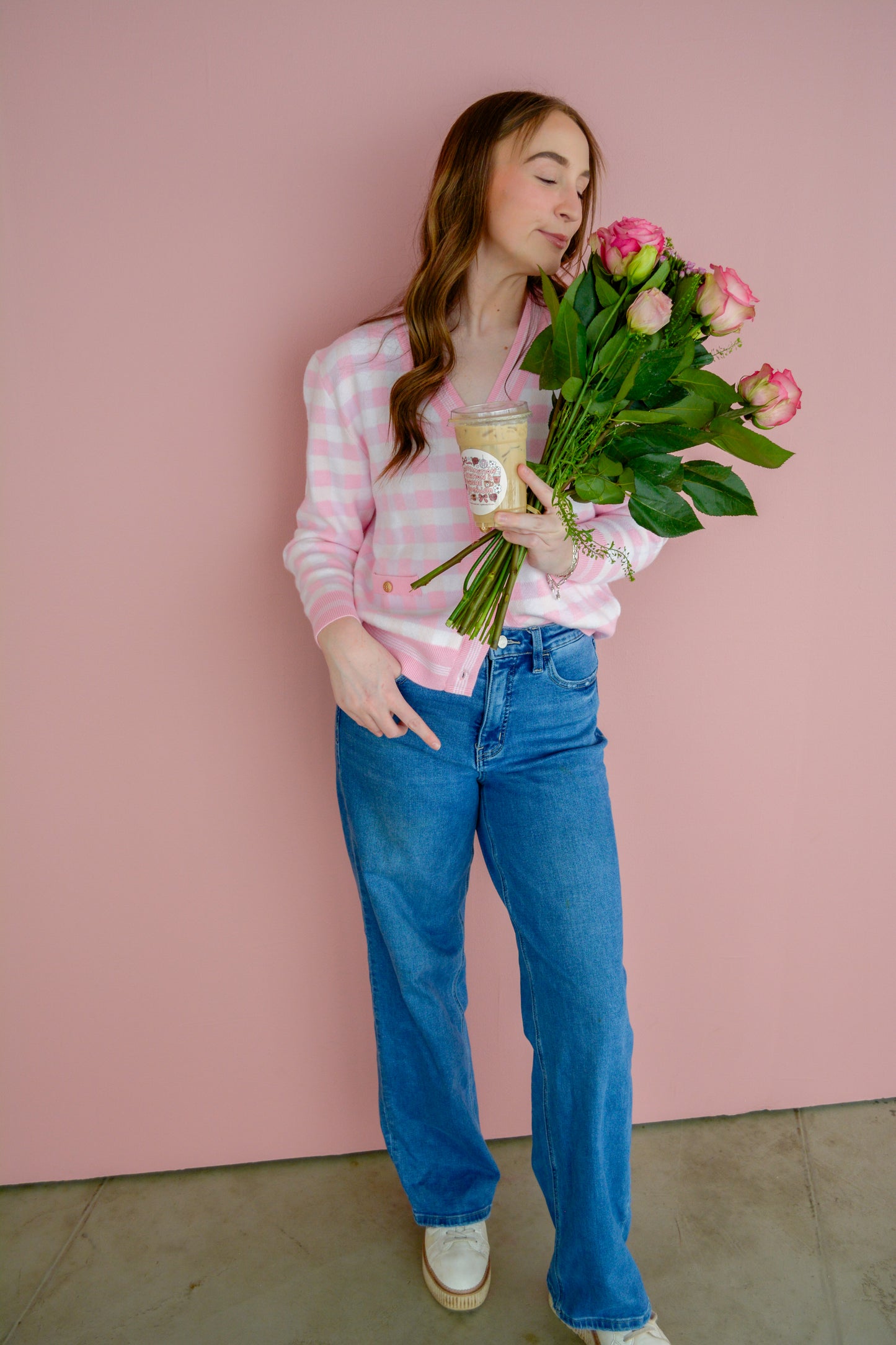 Pink gingham cardigan by Brianna Cannon, featuring a soft, lightweight knit with button front and ribbed cuffs.