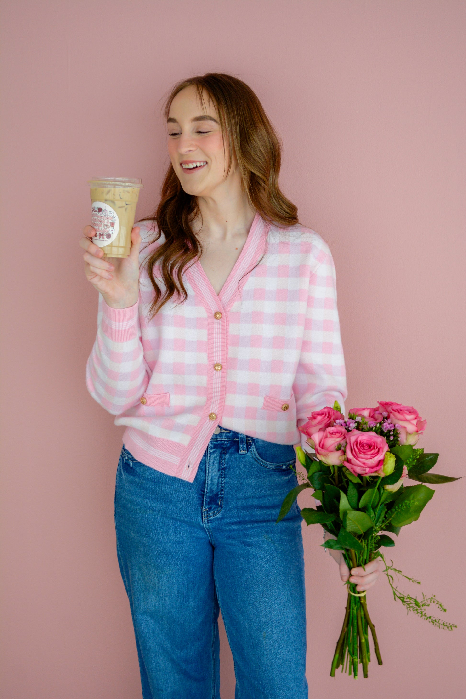 Pink gingham cardigan by Brianna Cannon, featuring a cozy knit design and button-front closure.
