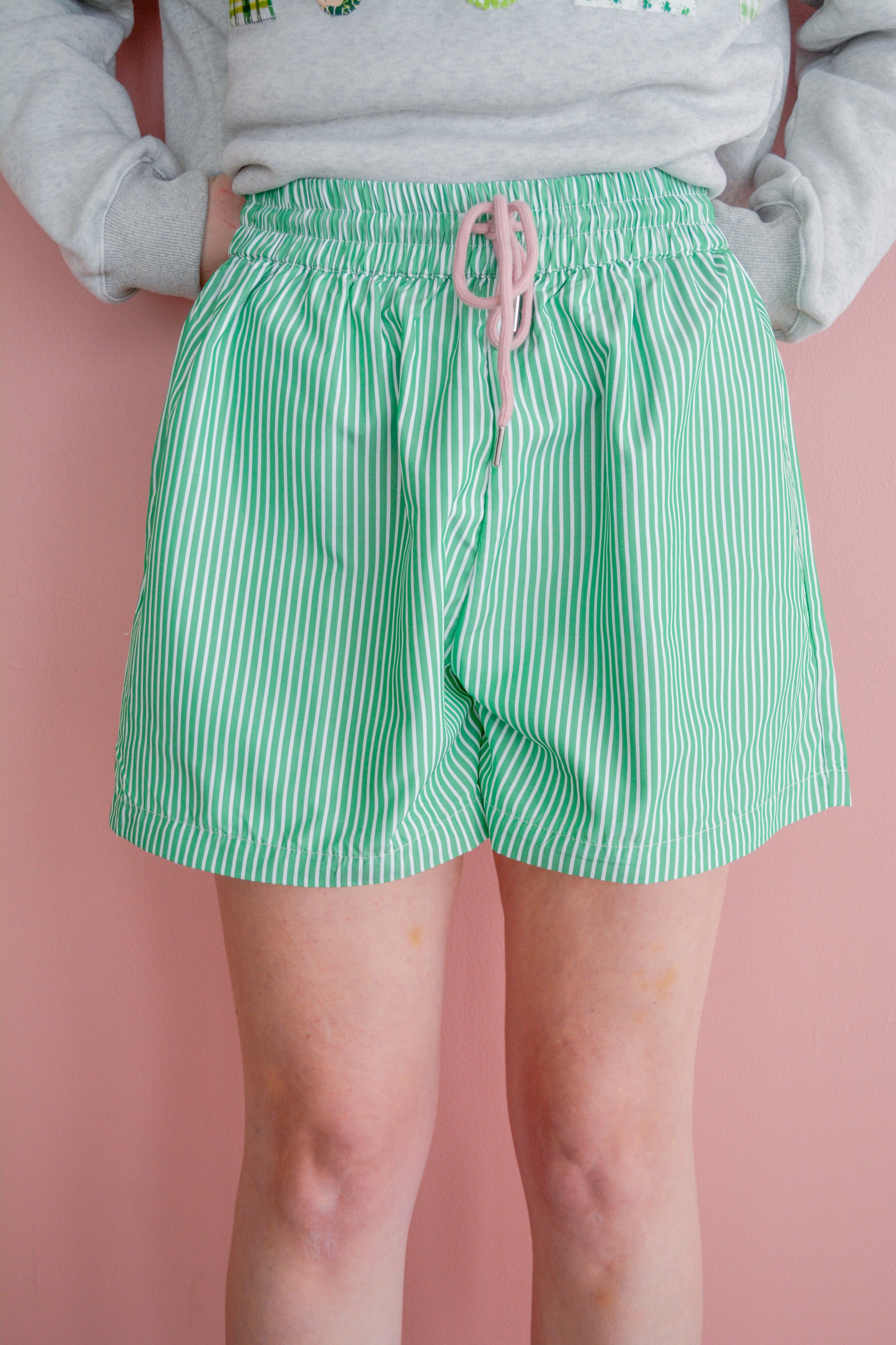 Azalea green stripe shorts by Brianna Cannon, featuring a stylish summer design with a comfortable fit and vibrant pattern.