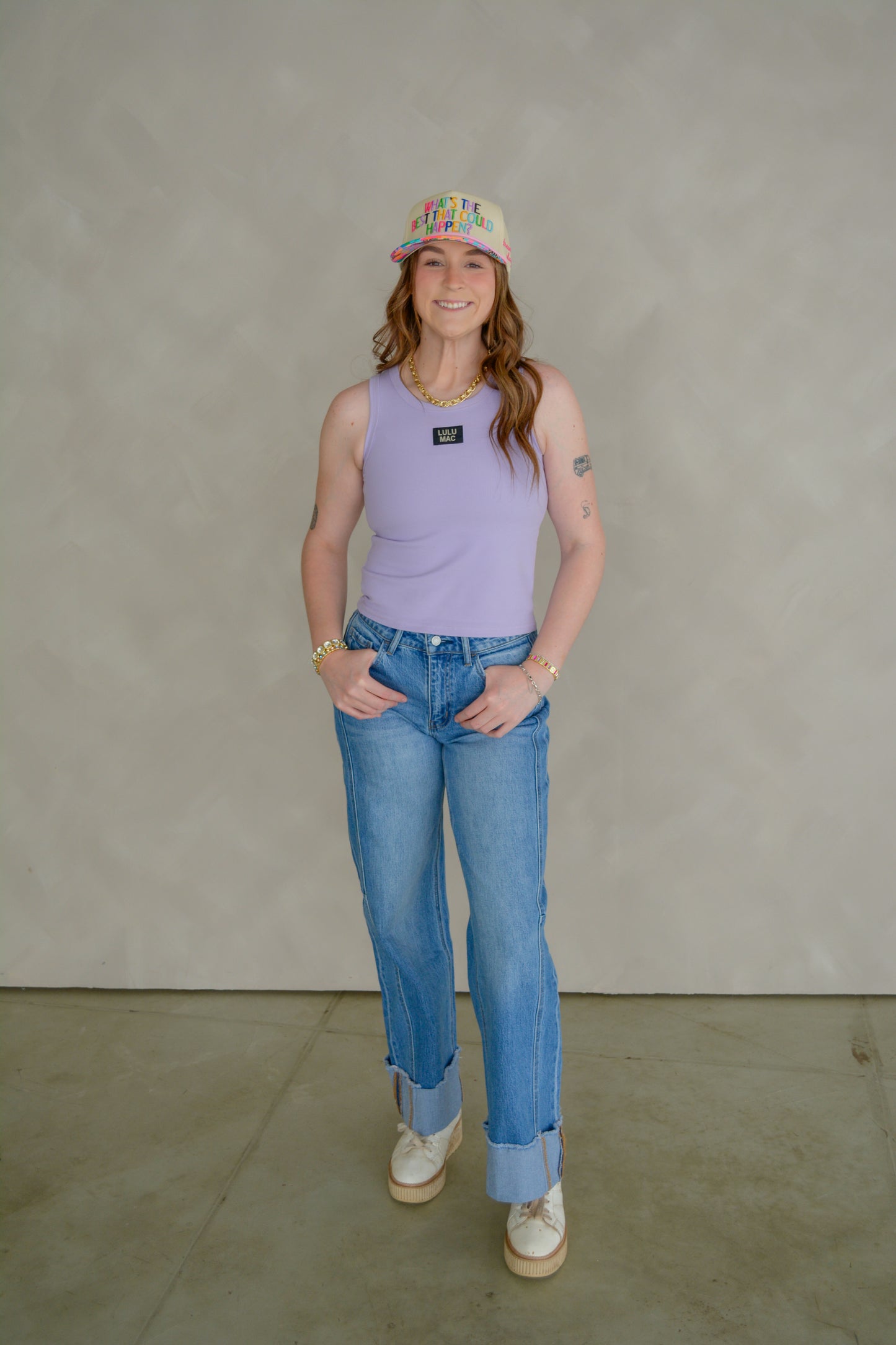 Vervet Downtown Darling denim jeans displayed flat, showing classic blue wash, fitted waist, and straight-leg style.