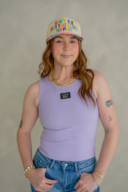 Lulu Mac Lavender MAC tank top displayed on a hanger, showcasing its soft fabric and stylish sleeveless design.