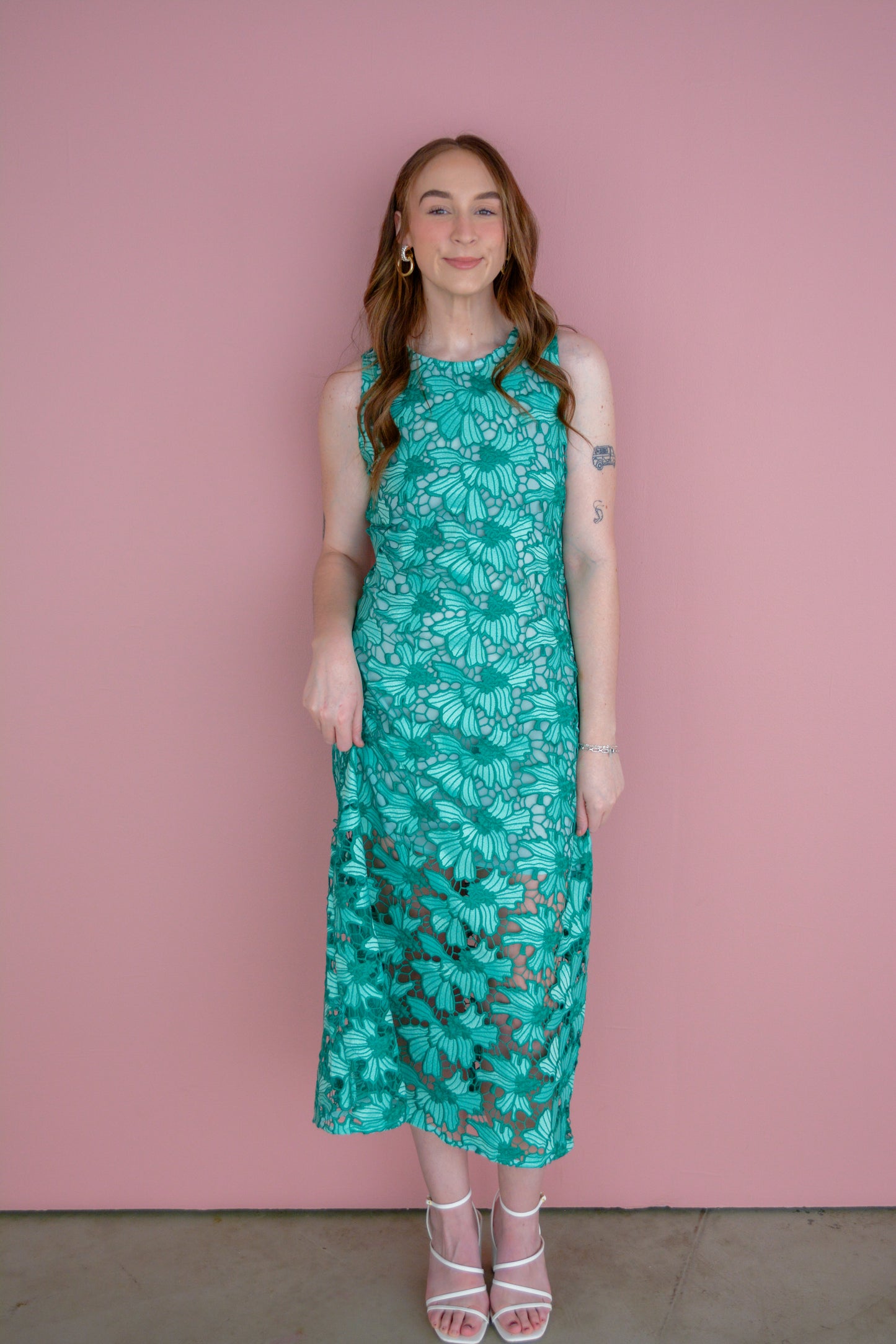 Emerald Petal Embroidered Midi Dress