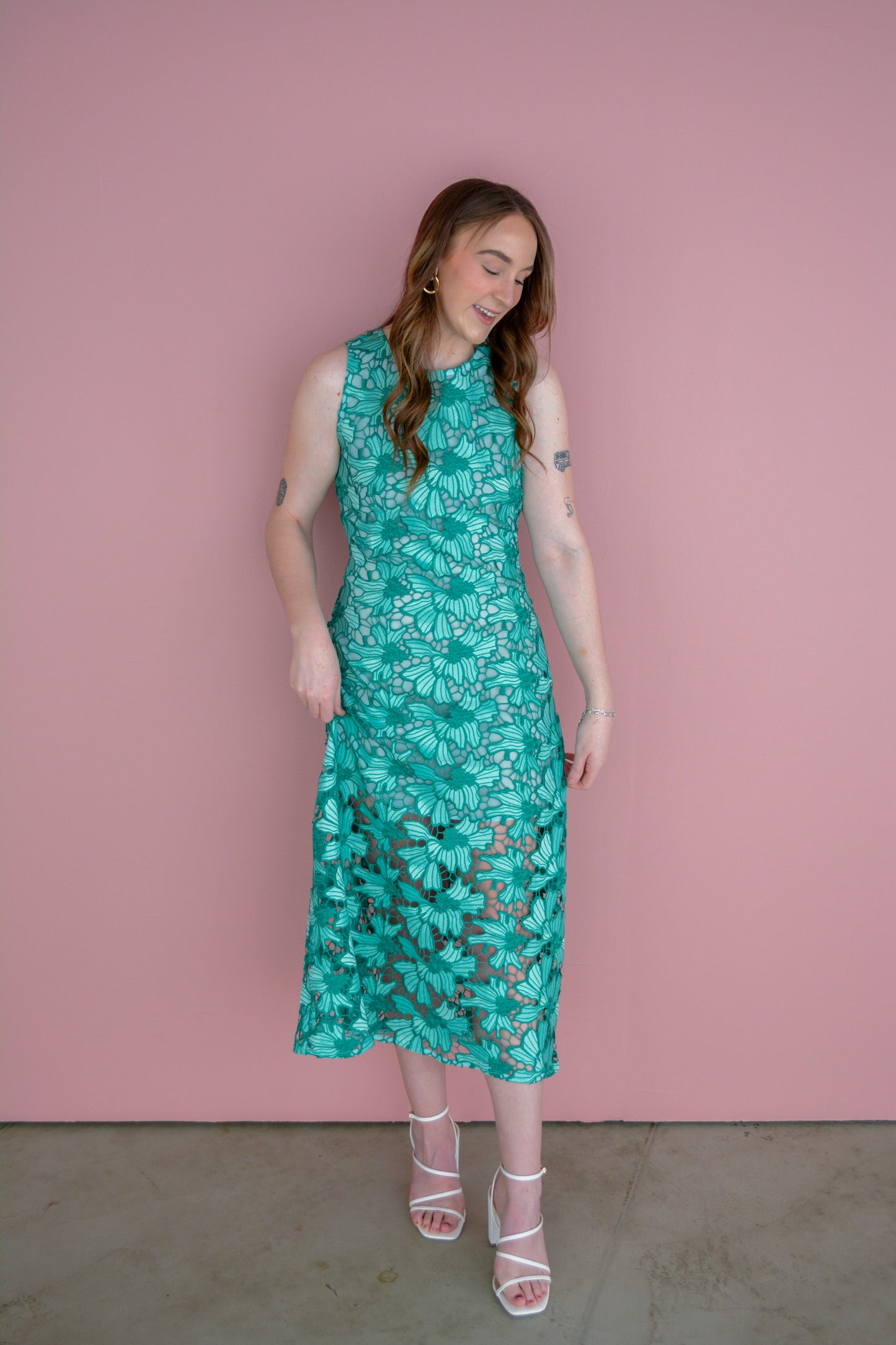 Emerald Petal Embroidered Midi Dress