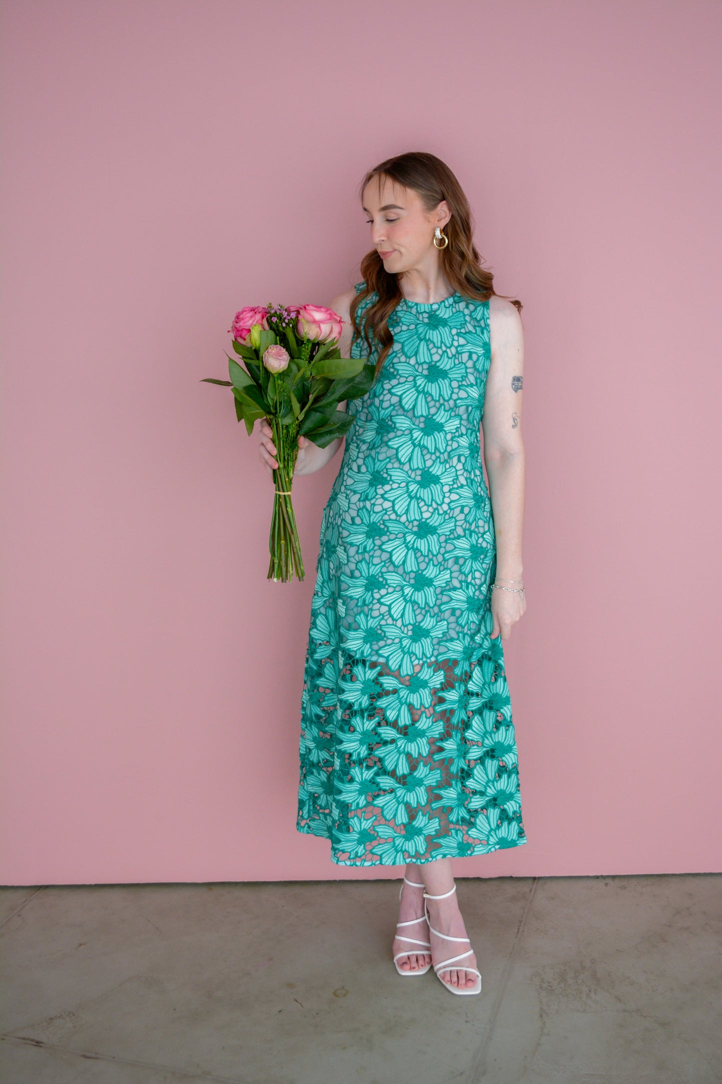 Emerald Petal Embroidered Midi Dress
