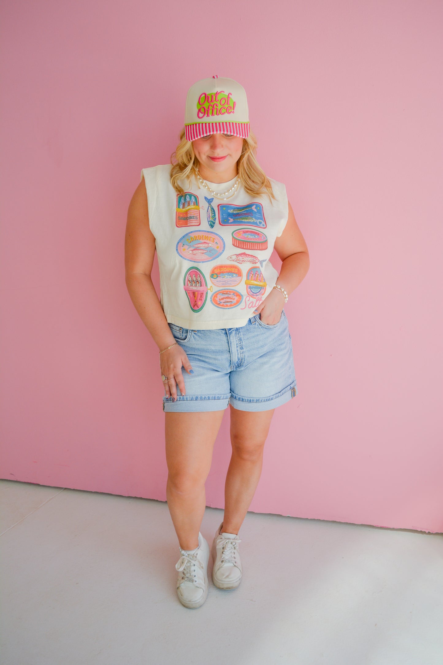 Sardine Summer Muscle Tank by Summer Tees featuring a vibrant sardine print on a sleeveless casual top.