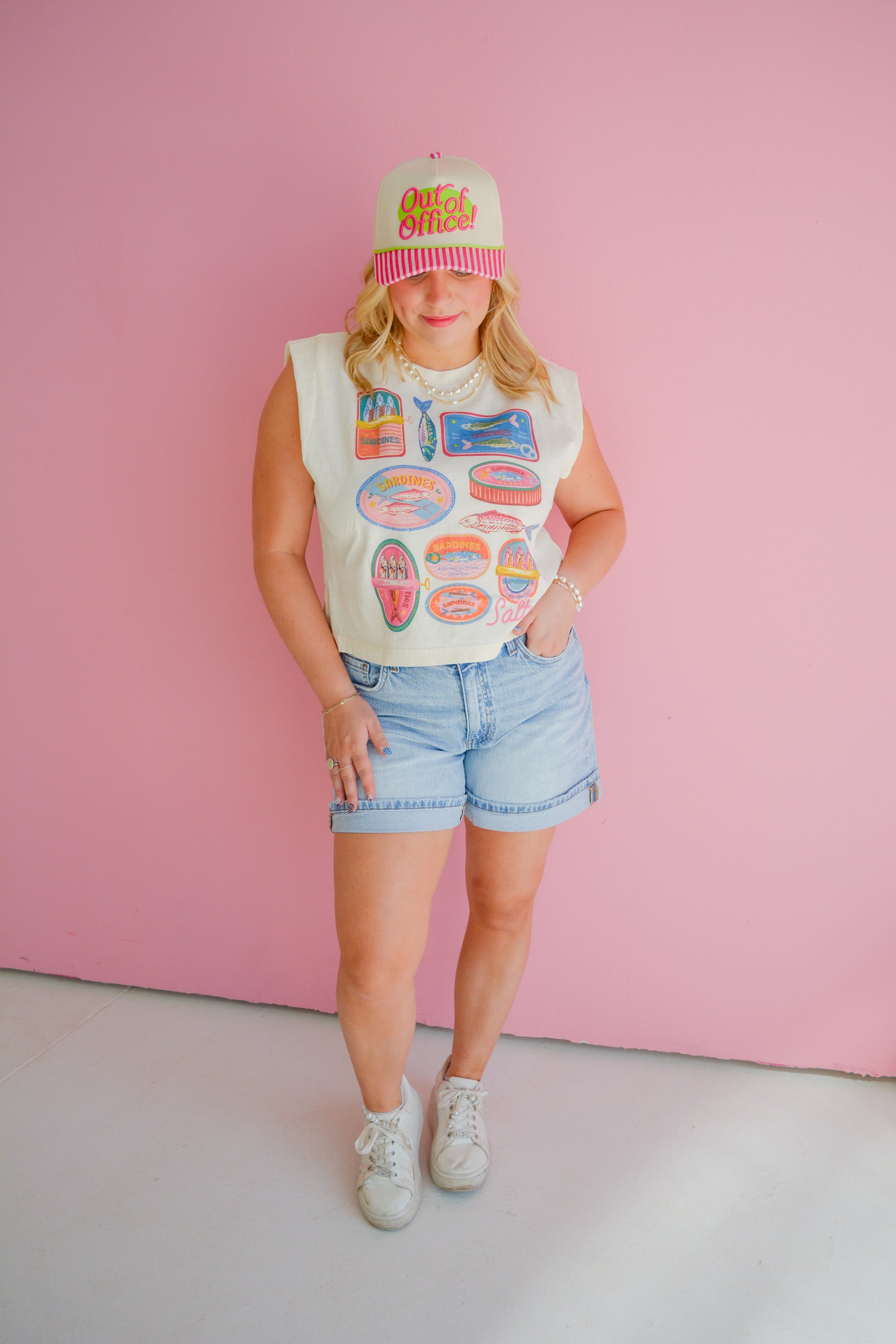 Sardine Summer Muscle Tank by Summer Tees featuring a vibrant sardine print on a sleeveless casual top.