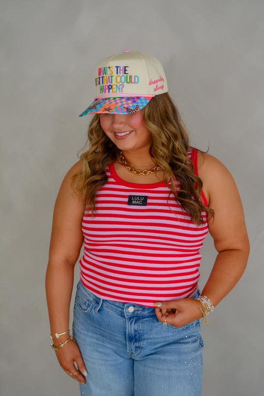 Lulu Mac red and pink striped tank top with sleeveless design and casual fit, perfect for summer wear.
