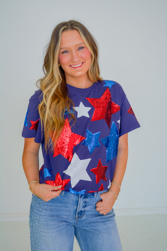 Rjm Glitz Star Spangle Sparkle Tee featuring a glittery star design on a stylish casual top.