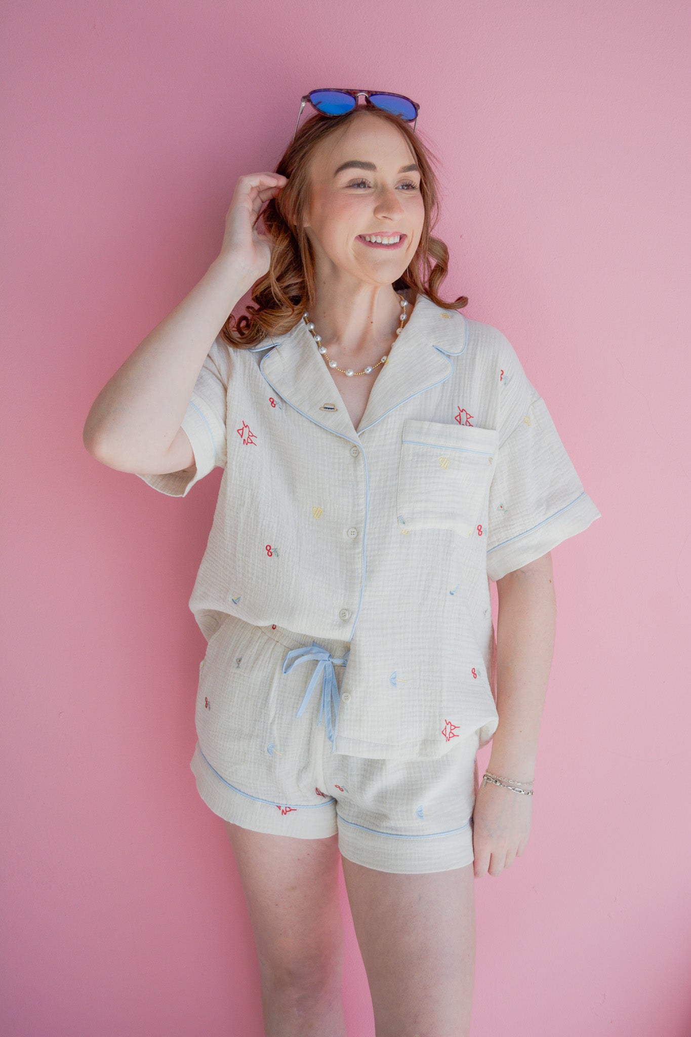 LE LIS The Vacation Edit Shorts in lightweight fabric, shown in a relaxed fit with a neutral color, perfect for summer casual wear.