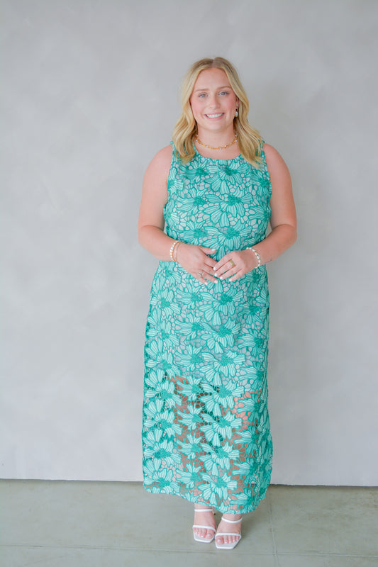 Emerald Petal Embroidered Midi Dress
