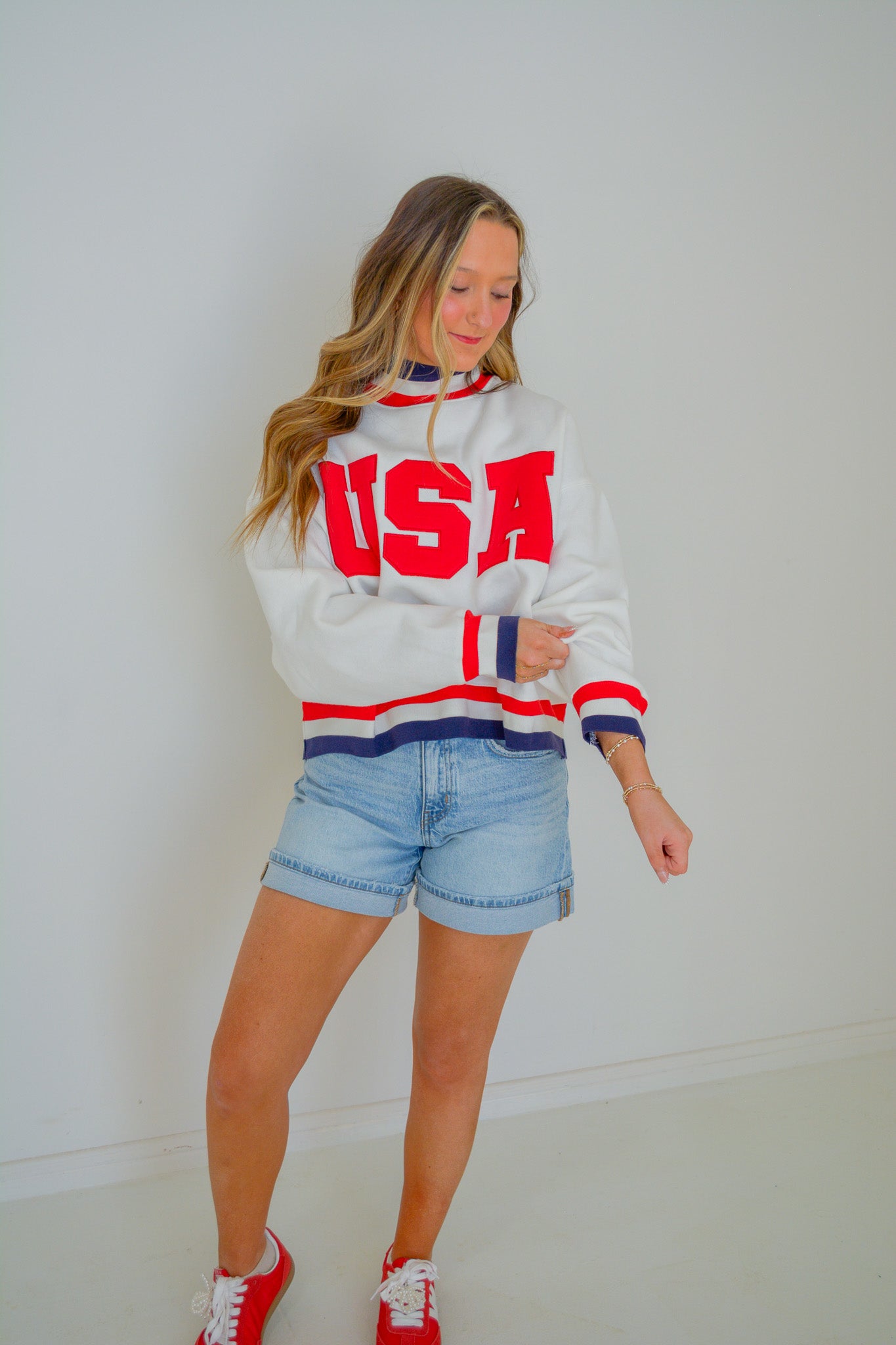 TCEC All-American Pullover in navy, featuring a crewneck design and American flag graphic on the front.