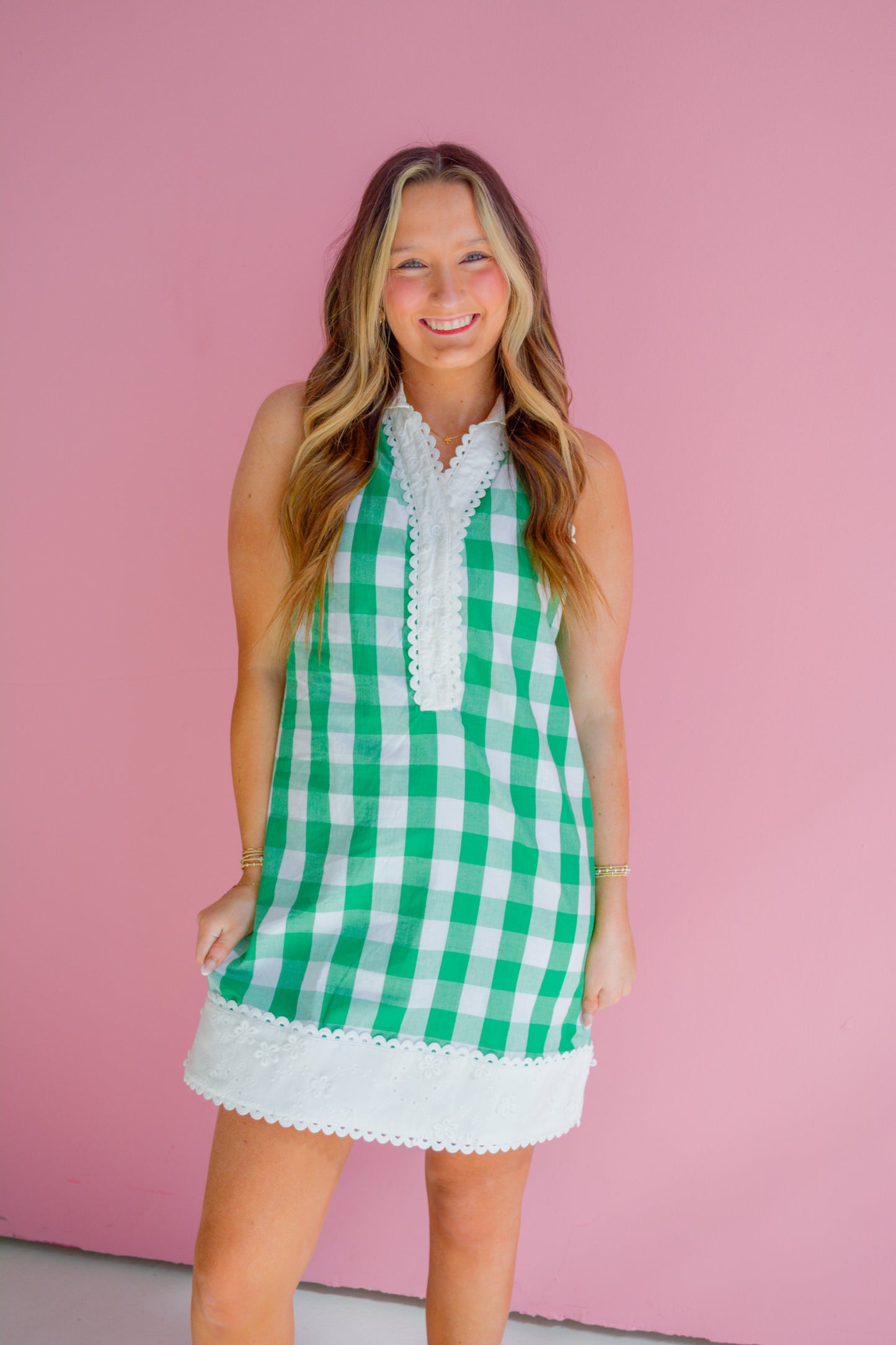Brianna Cannon Picnic Darling Dress displayed on a hanger with floral pattern and lightweight fabric, ideal for outdoor summer events.