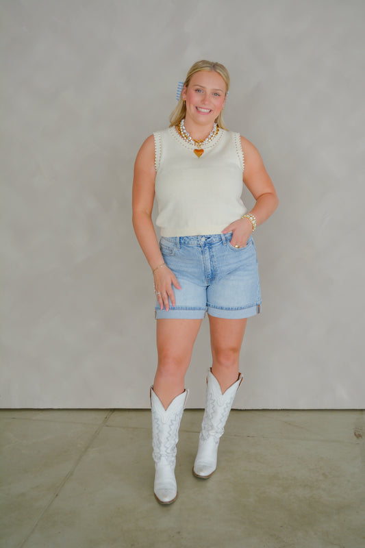 Grade & Gather Monroe Knit Trim Top, beige with ribbed knit detail, lightweight and casual for everyday wear.