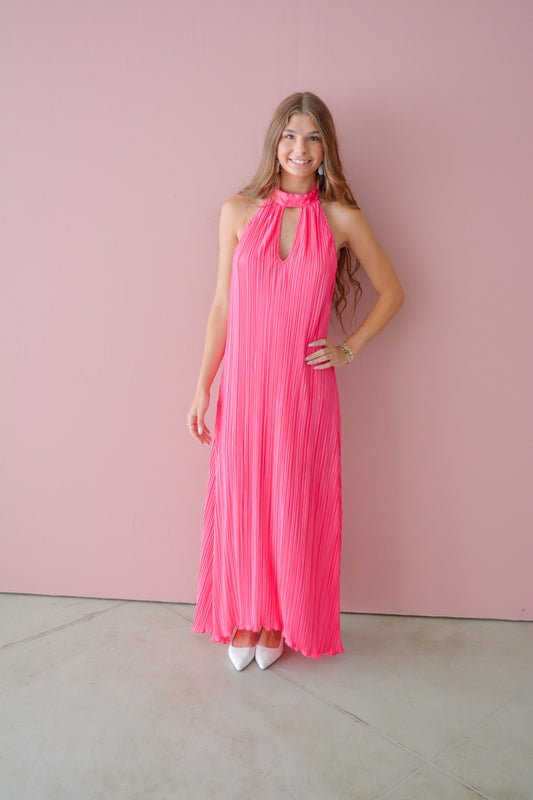 Hot Pink Halo Neck Maxi Dress